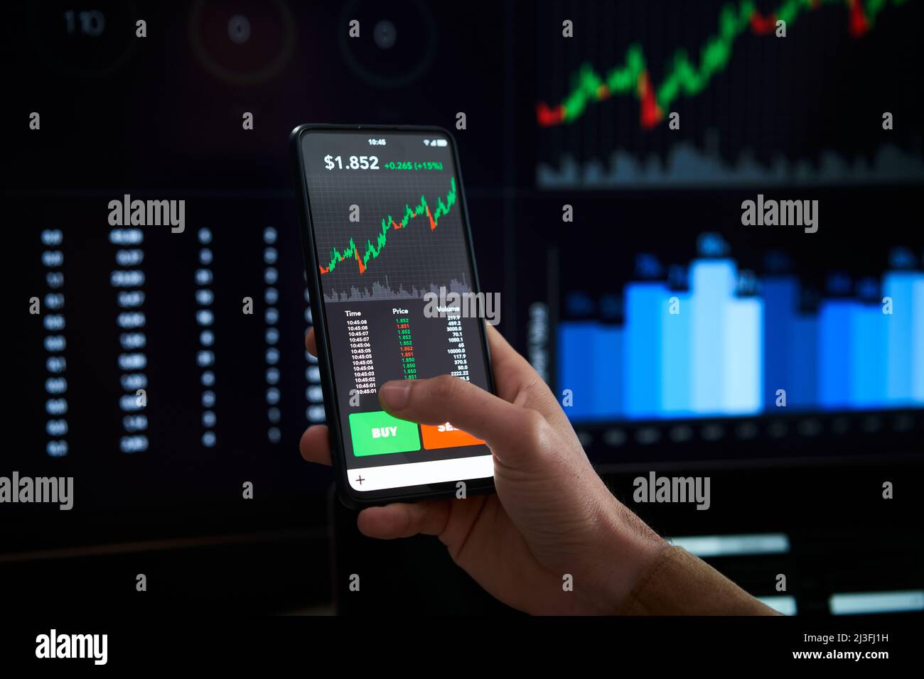 Closeup mano mobile - persona sta controllando il grafico dei prezzi Bitcoin su scambio digitale su smartphone, criptovaluta futura price action price price price. Foto Stock