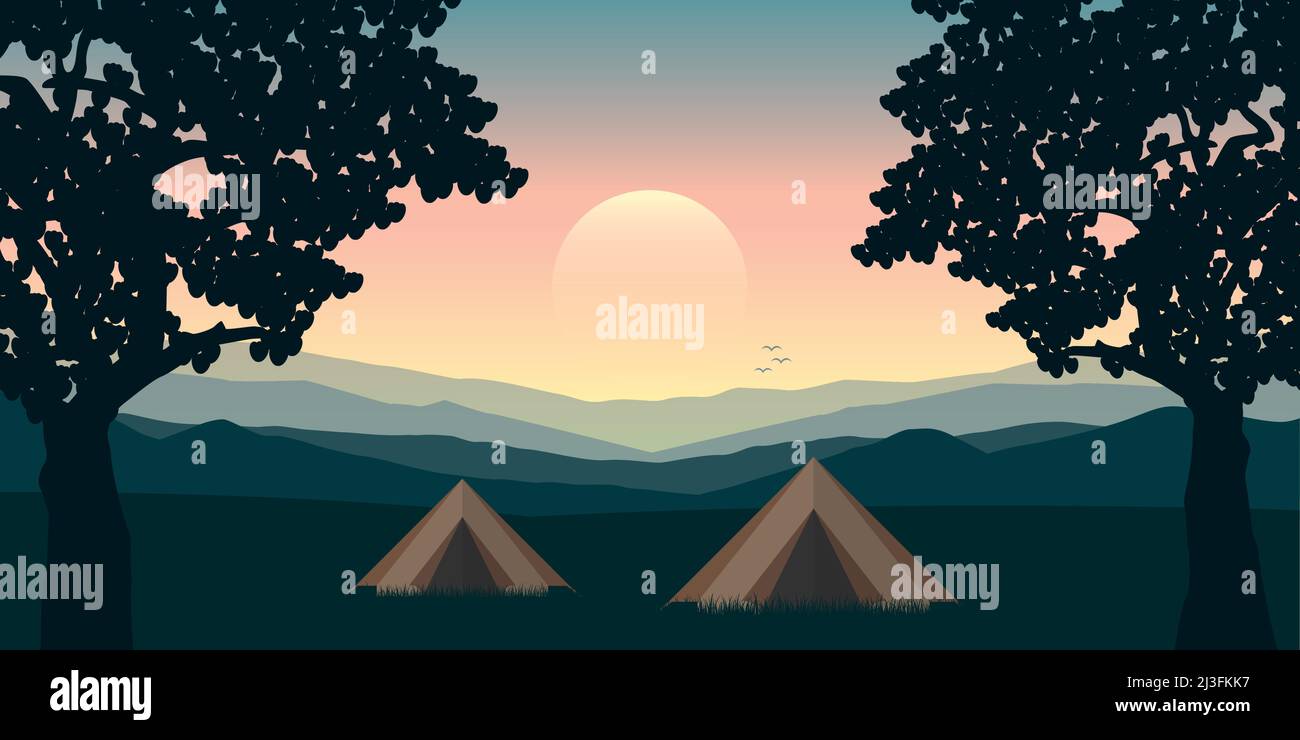 accampamento estivo tende tra gli alberi sul prato con vista sulle montagne Illustrazione Vettoriale