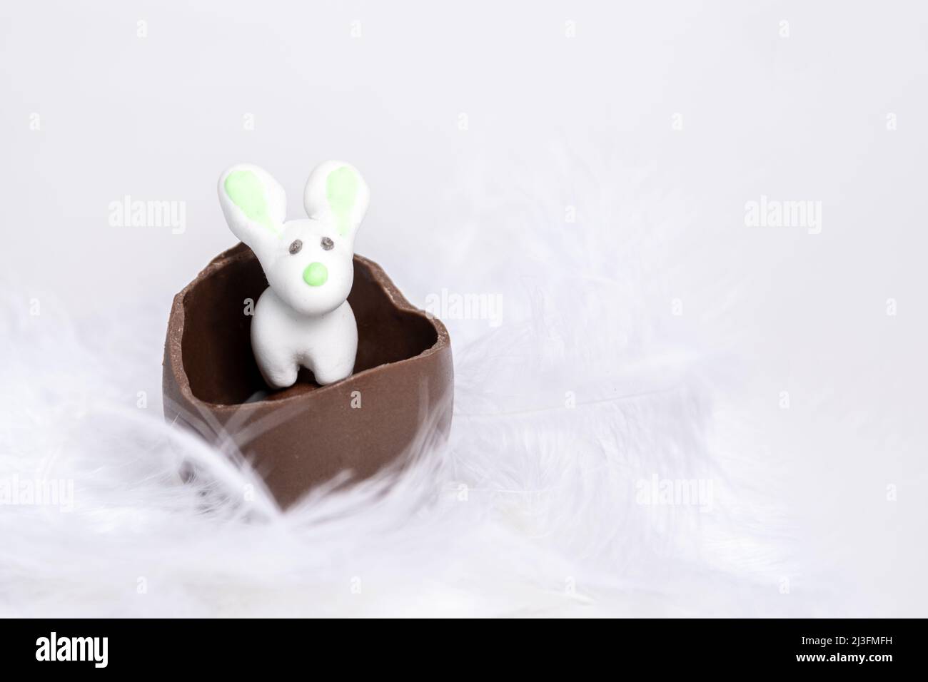 Coniglietto pasquale bianco in un uovo di cioccolato incrinato in un nido di piume bianco morbido, primo piano, spazio copia. Coniglio di Pasqua marzapane in un uovo di cioccolato cracked Foto Stock