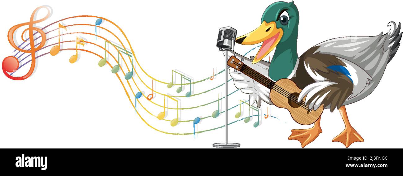 La chitarra anatra suona, ukulele con illustrazione di nota musicale Illustrazione Vettoriale
