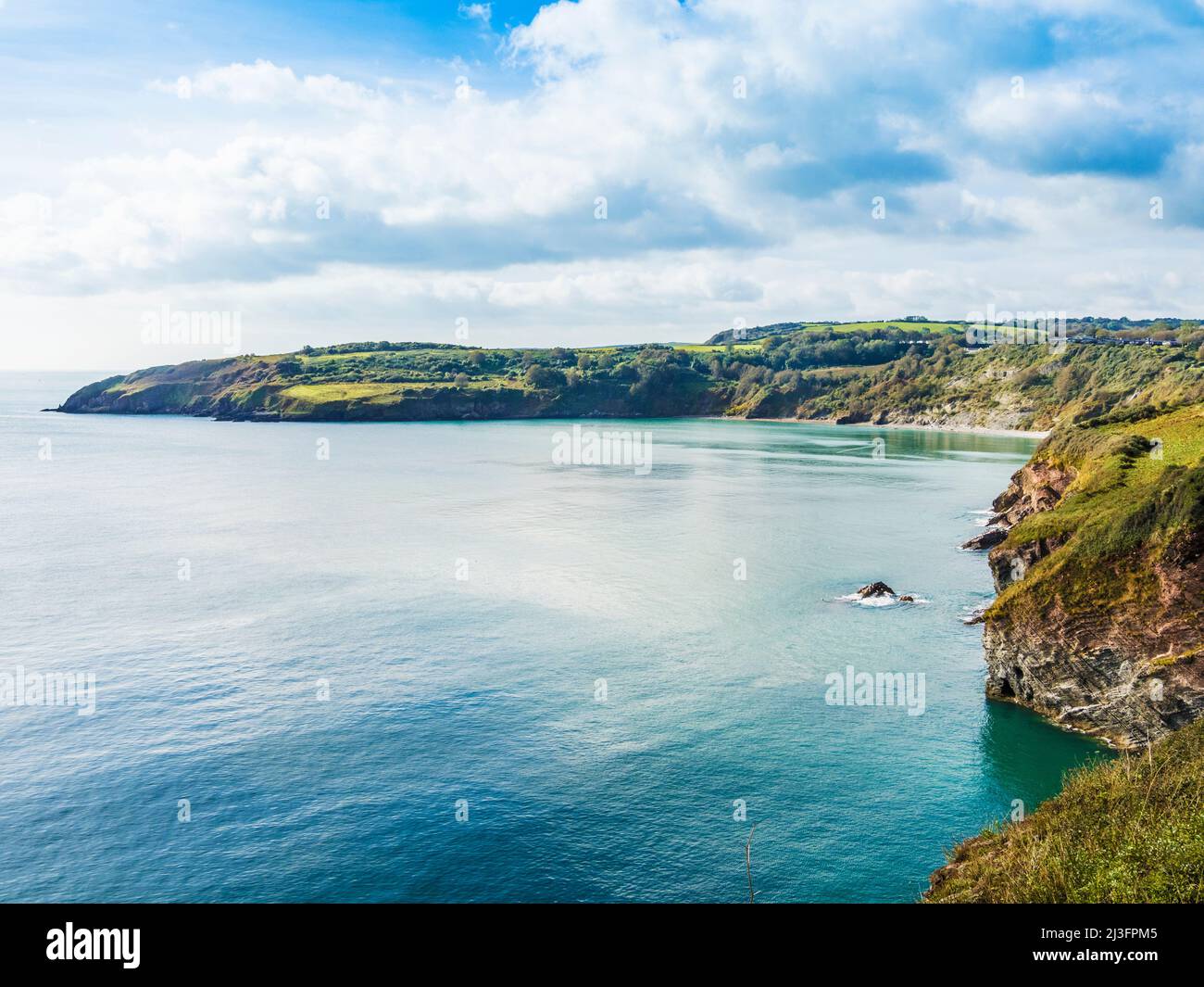 Vista dal South West Coast Path verso St. Mary's Bay e Sharkham Point vicino a Brixham, Devon. Foto Stock