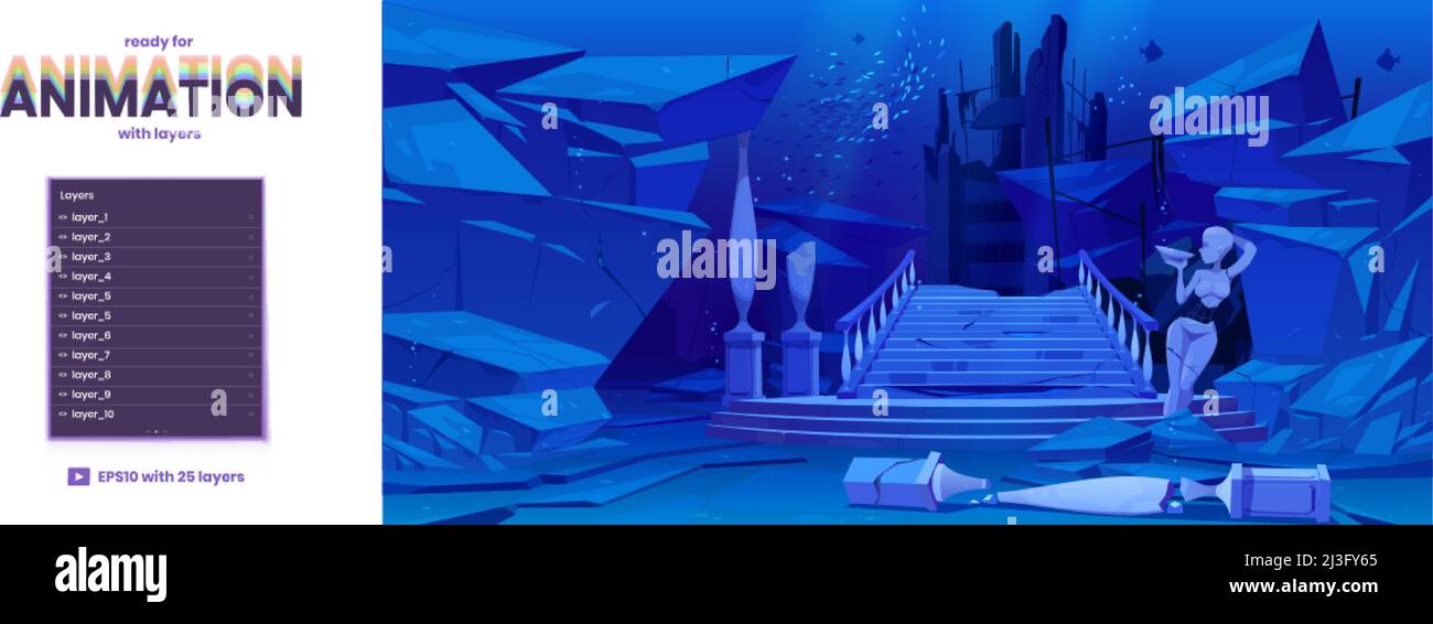 Antiche rovine sul pavimento del mare. Vecchia architettura con colonne rotte, statua e scale affondate sotto l'acqua nell'oceano. Sfondo parallasse vettoriale pronto per Illustrazione Vettoriale