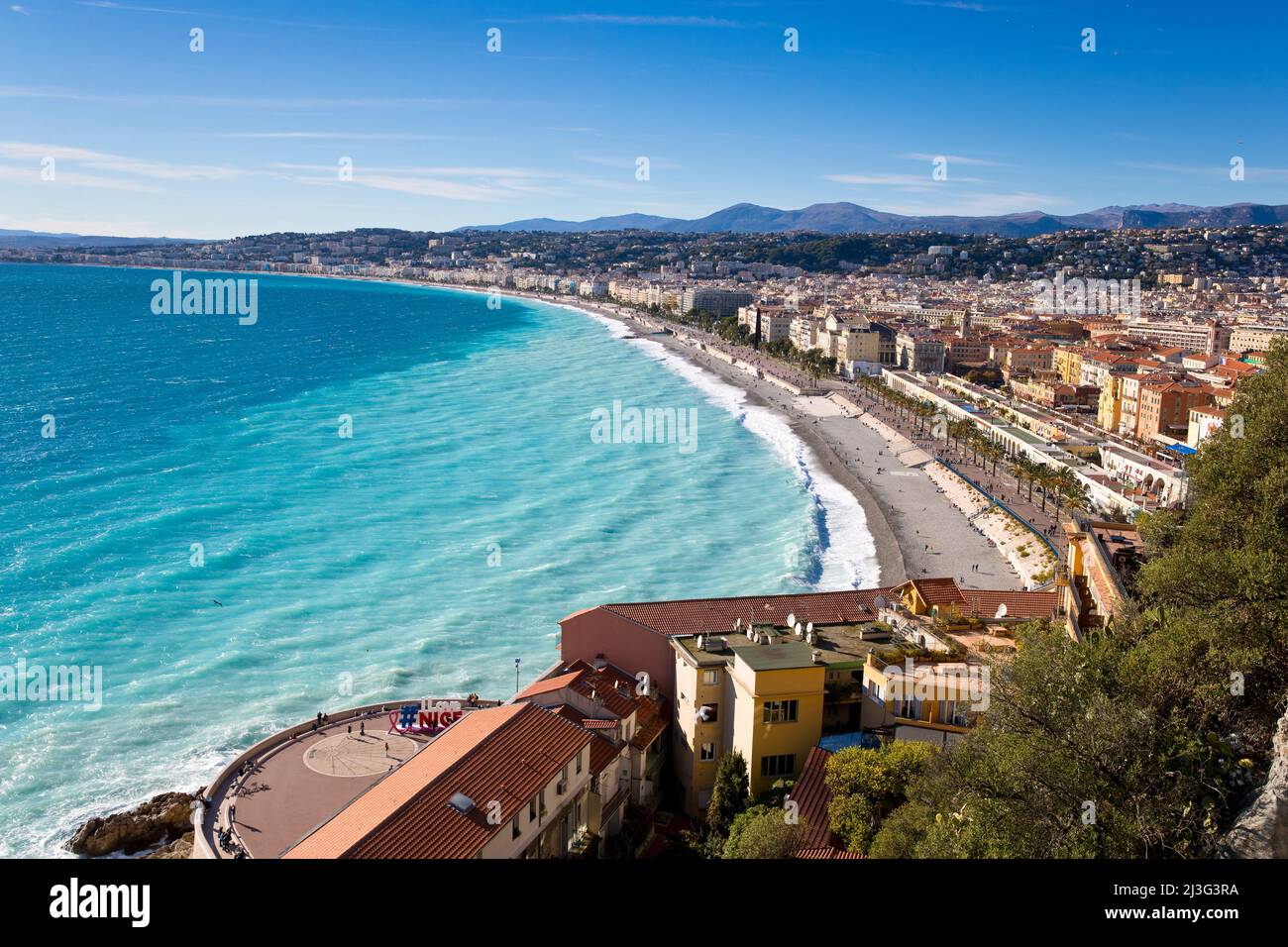 Vista panoramica di Nizza e della Promenade des Anglais, Costa Azzurra, Francia Foto Stock