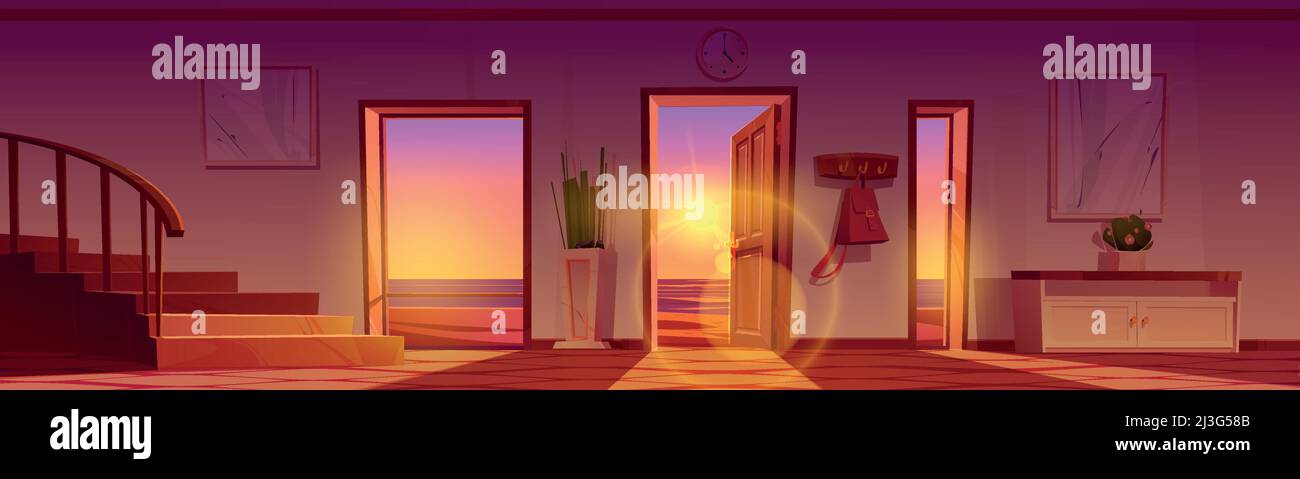 Home corridoio con porta aperta e vista sulla spiaggia al tramonto. Illustrazione vettoriale del cartone animato della casa o dell'interno della hall dell'hotel con scale di legno, mobili Illustrazione Vettoriale