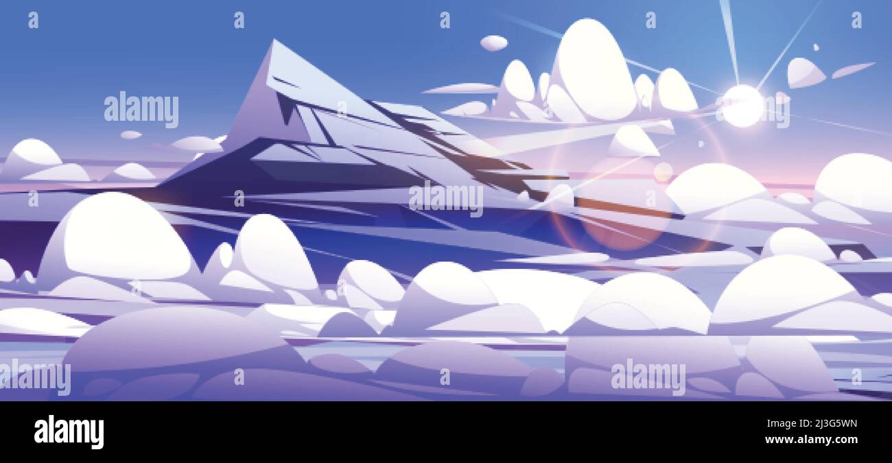 Giorno cielo blu sopra le nuvole con neve montagna cime e sole. Illustrazione vettoriale del cartoon di paesaggio con le cime alte delle rocce innevate, le nubi bianche fluffy a Illustrazione Vettoriale