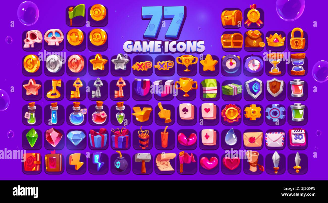 Icone di gioco grande set, cranio cartoon, moneta, stella, xp e tazza d'oro, orologio, petto, medaglia o sacco di soldi. Corona, serratura, chiave, magnete o schermo, pozione di strega, g Illustrazione Vettoriale