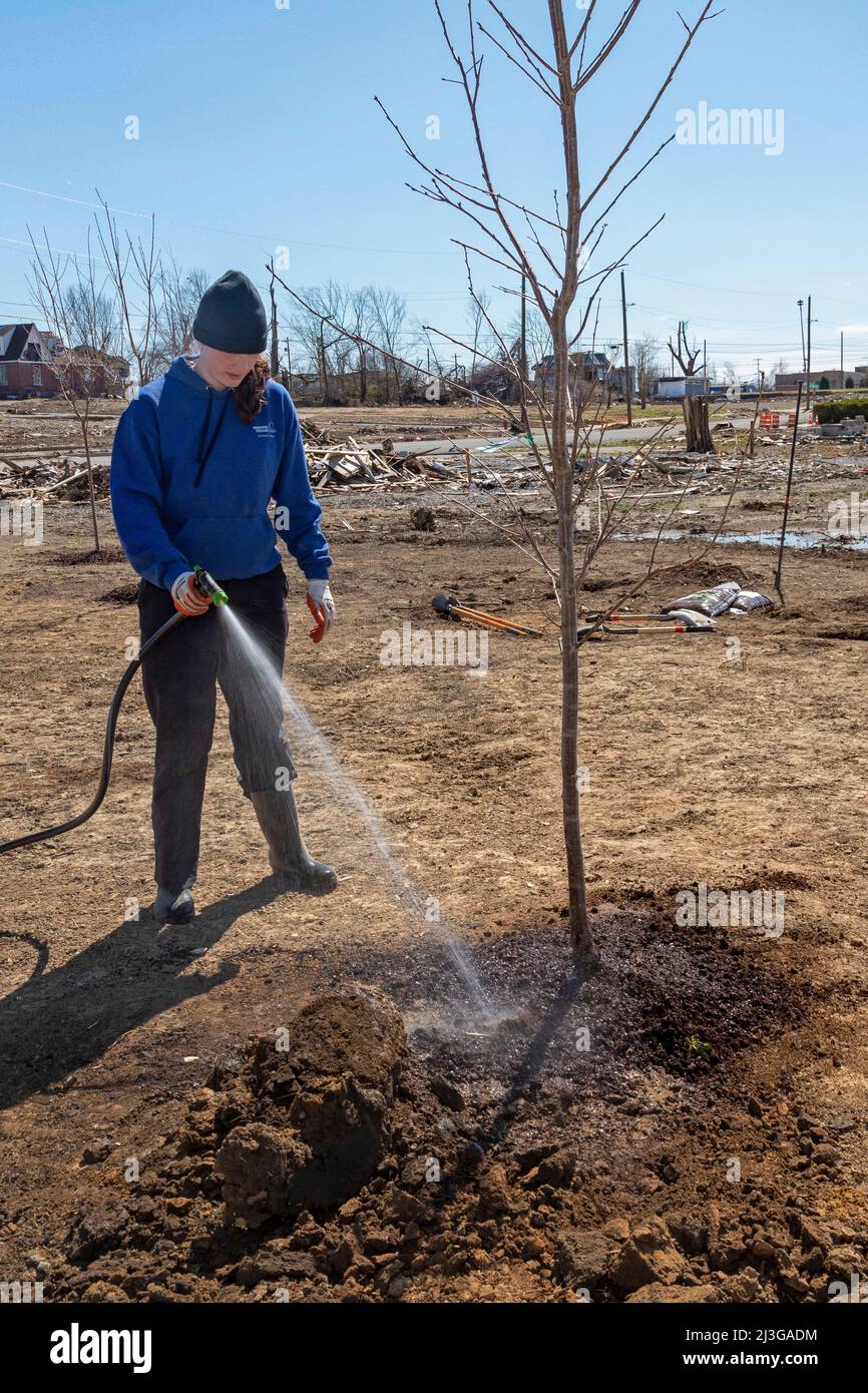 Mayfield, Kentucky - studenti in pausa primaverile dalla Asbury University Plant Trees in Anderson Park. Gli alberi esistenti del parco sono stati distrutti nel dicembre Foto Stock