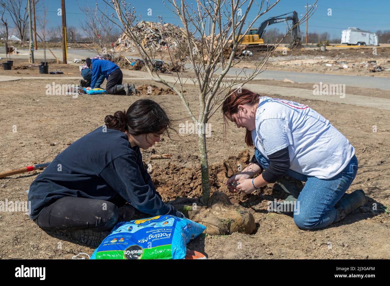 Mayfield, Kentucky - studenti in pausa primaverile dalla Asbury University Plant Trees in Anderson Park. Gli alberi esistenti del parco sono stati distrutti nel dicembre Foto Stock