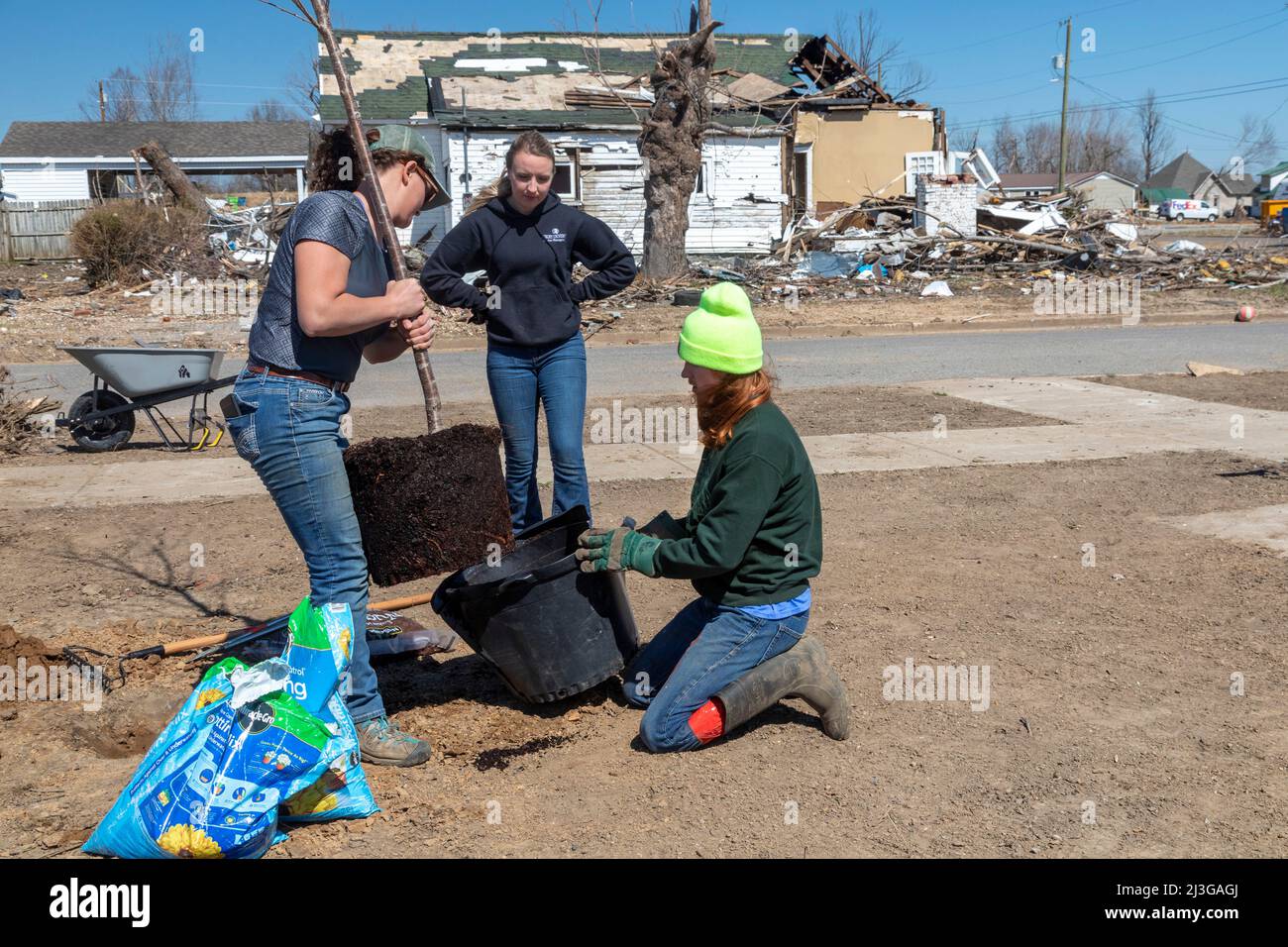Mayfield, Kentucky - studenti in pausa primaverile dalla Asbury University Plant Trees in Anderson Park. Gli alberi esistenti del parco sono stati distrutti nel dicembre Foto Stock