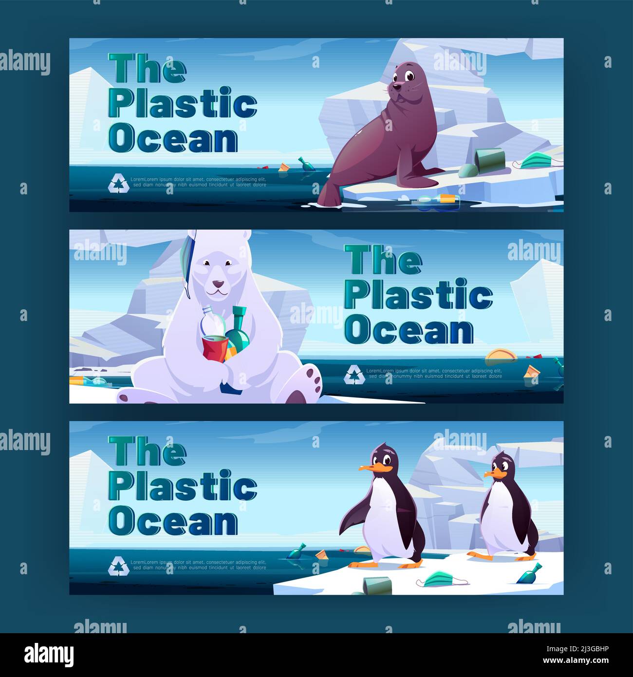 Striscioni cartoni animati in plastica oceanica contro l'inquinamento. Animali di natura artica inquinata. Pinguini selvatici, orso polare e sigillo si siedono su carri di ghiaccio in mare contaminato wi Illustrazione Vettoriale