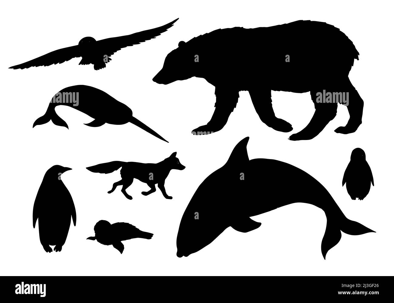 Set di vettori neri di animali polari nord silhouette isolata su sfondo bianco Illustrazione Vettoriale
