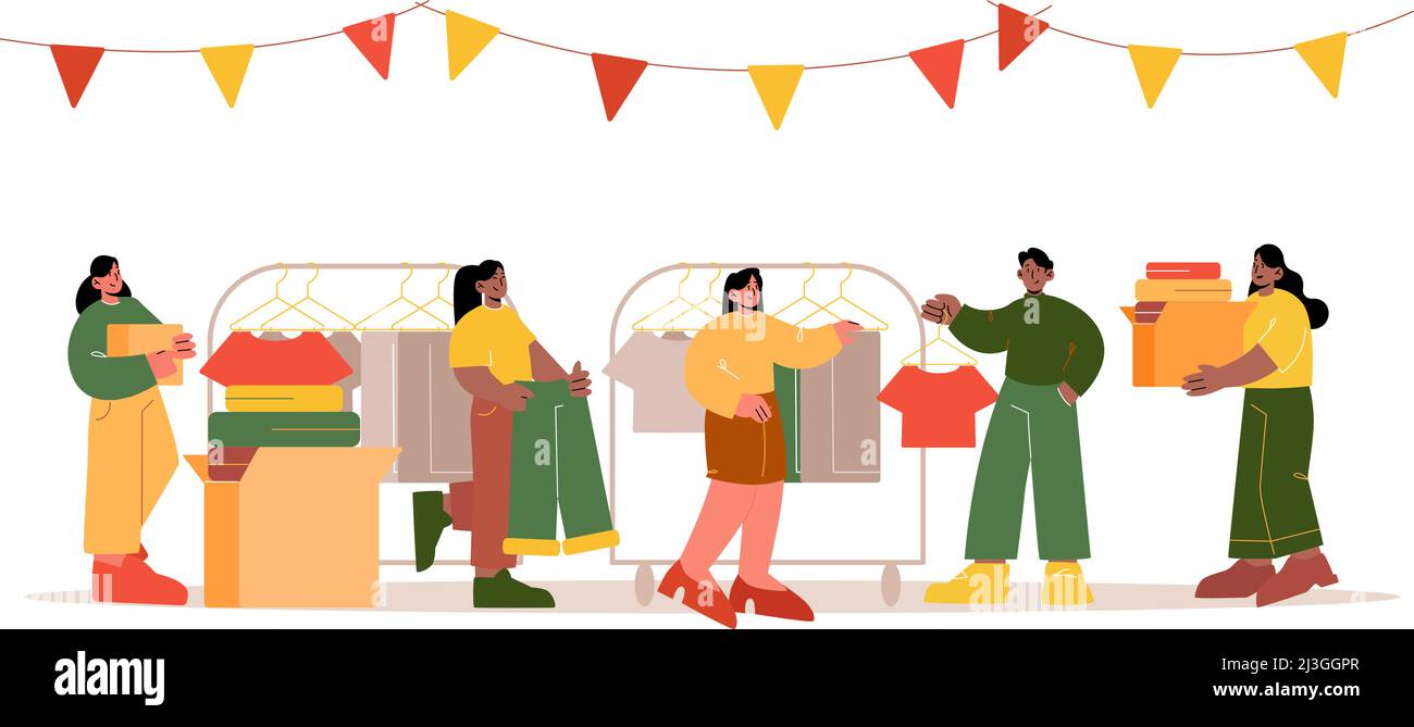 Scambia i vestiti per scambiare i vestiti, la donazione di carità o il negozio di moda di seconda mano. Illustrazione vettoriale piatta di persone appendere indumenti da scatole a rack su f Illustrazione Vettoriale