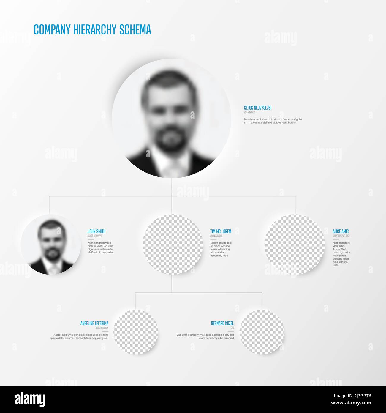 Modello di schema grafico gerarchico aziendale minimalista - versione leggera con foto sui segnaposto di rilievo cerchio. Diagramma grafico persone semplice Illustrazione Vettoriale