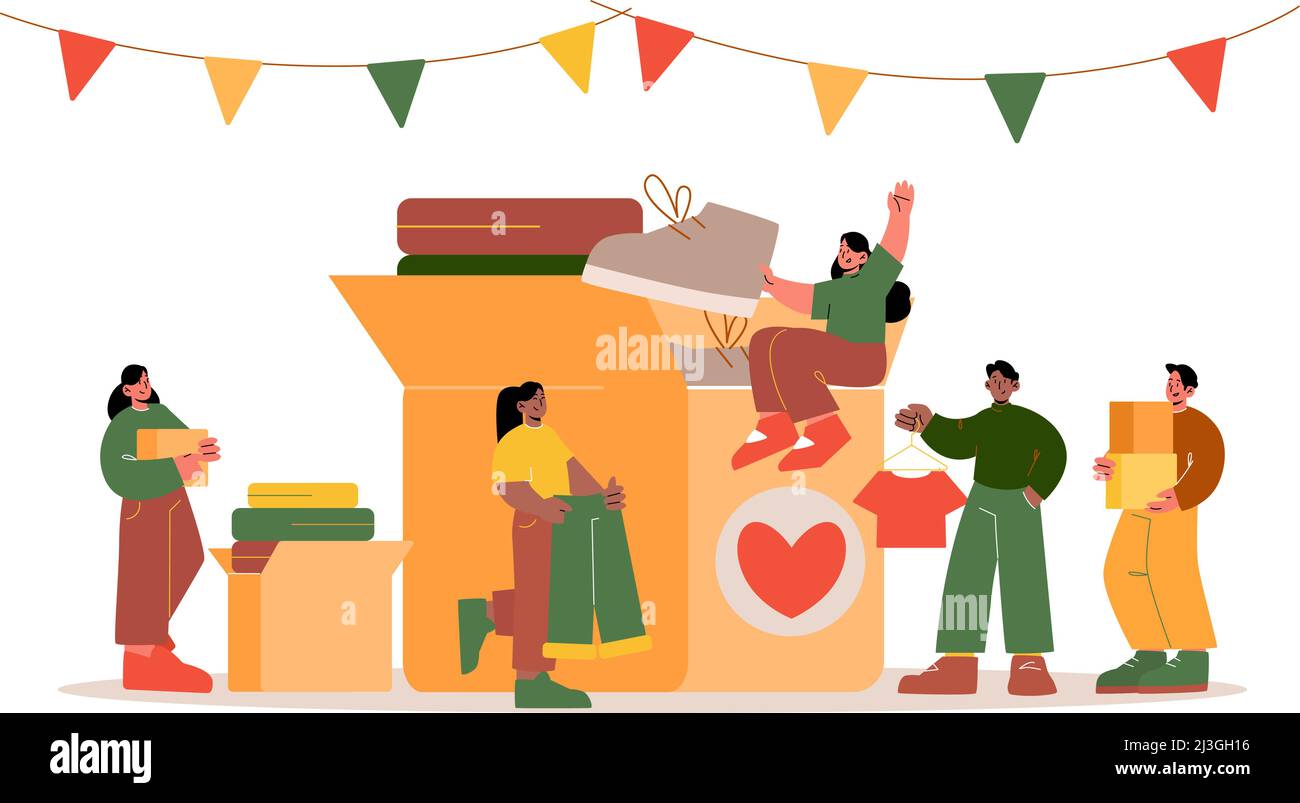 Le persone donano abiti per carità, aiuto umanitario o scambio. Illustrazione piatta vettoriale di donne e uomini dare vecchio vestito in scatola di cartone donazione Illustrazione Vettoriale