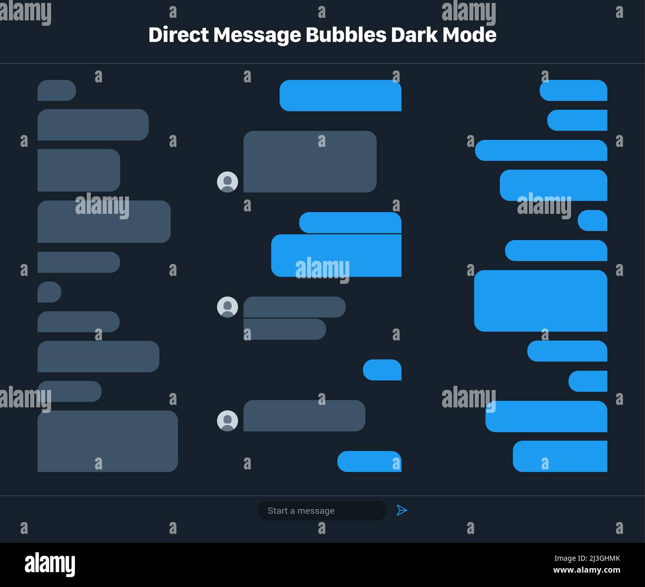 Illustrazione vettoriale delle diverse dimensioni dei messaggi diretti in modalità scura Illustrazione Vettoriale
