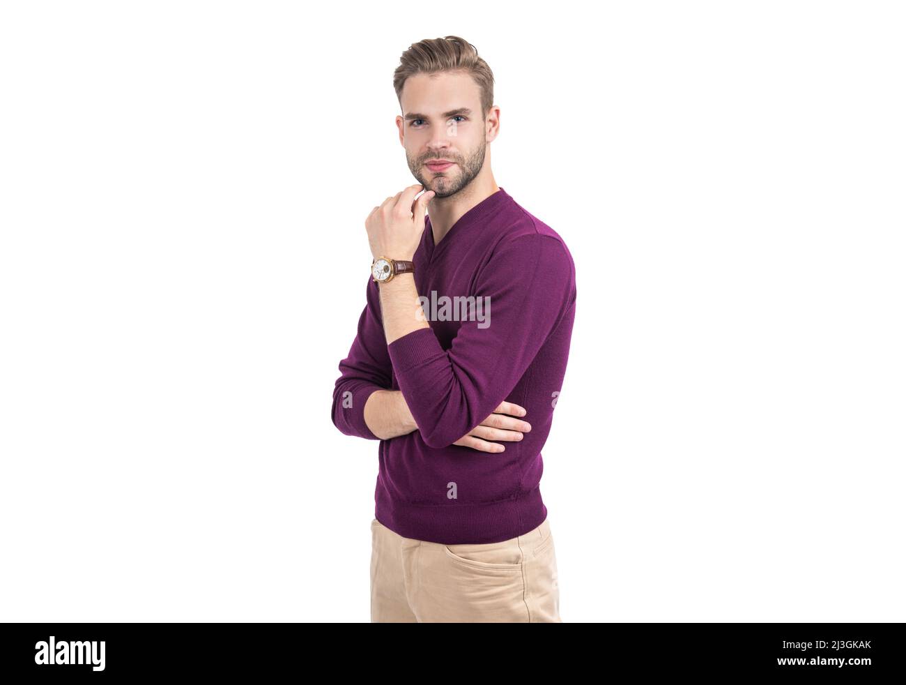 Ottieni il tuo volto più bello di sempre. Man touch rasa il mento. Cura della barba. Barbiere. Cura della pelle Foto Stock