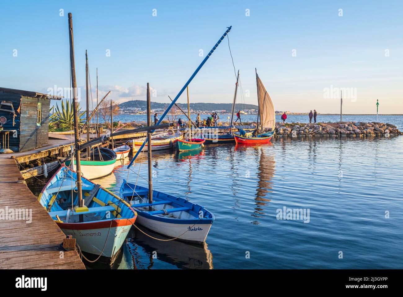 Francia, Herault, Bouzigues, villaggio sulle rive del Etang de Thau e famoso per le sue ostriche e conchiglie, barche tradizionali nel piccolo porto di pesca Foto Stock