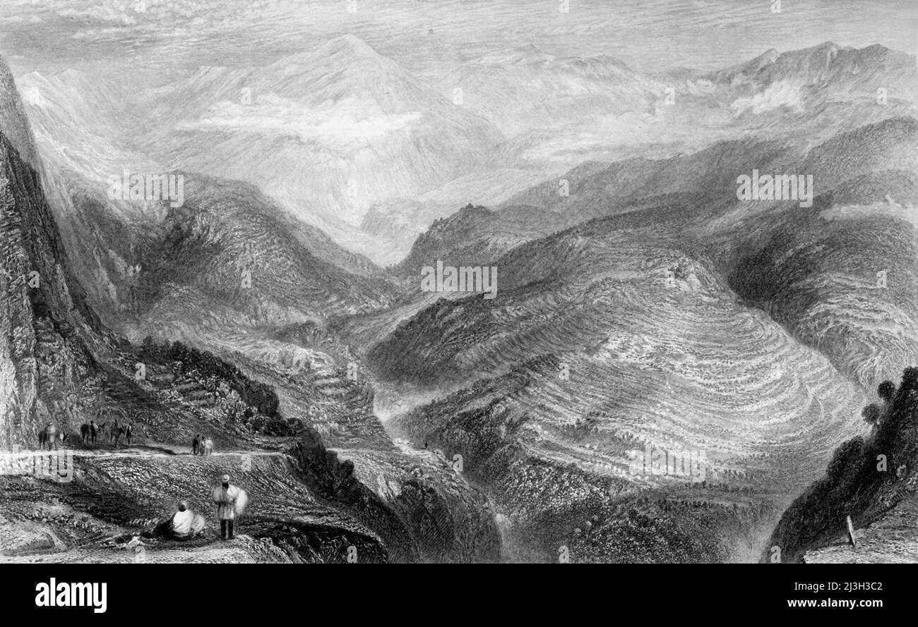 'View near Jubera', 1845. Paesaggio nel Bengala Settentrionale, India. Da "Hindostan, le coste del Mar Rosso, e i Monti Himalaya, Vol. I". [Fisher, Son &amp; Co., London, 1845] Foto Stock