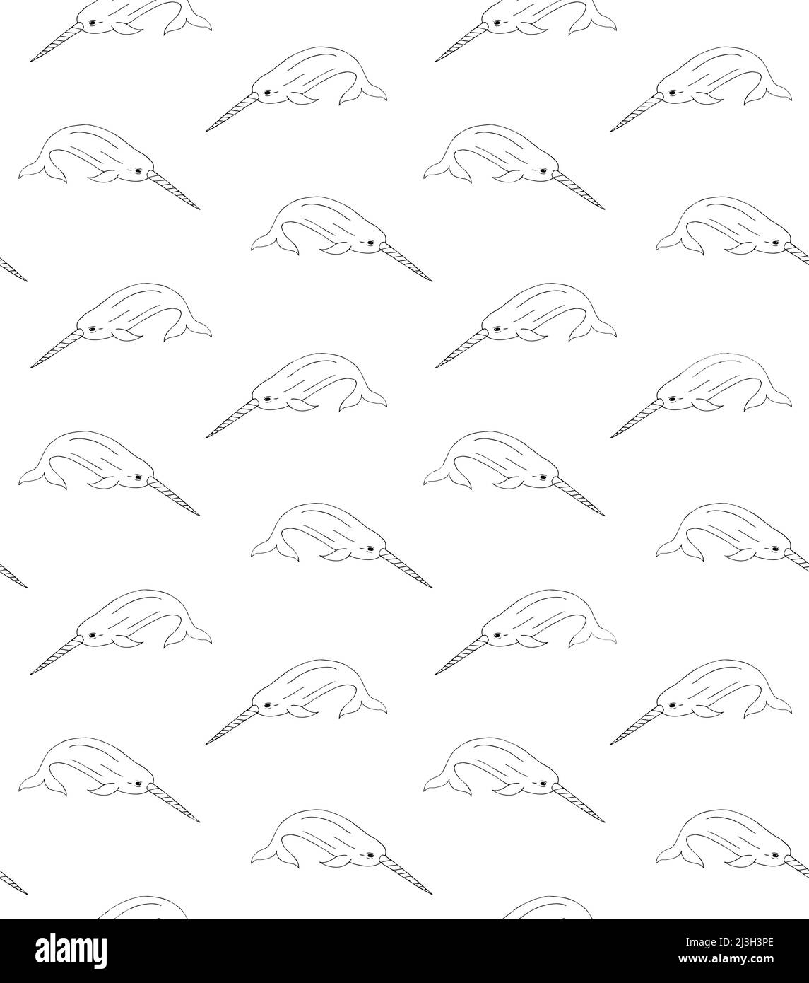 Motivo vettoriale senza giunture dello schizzo disegnato a mano noodle narwhal isolato su sfondo bianco Illustrazione Vettoriale