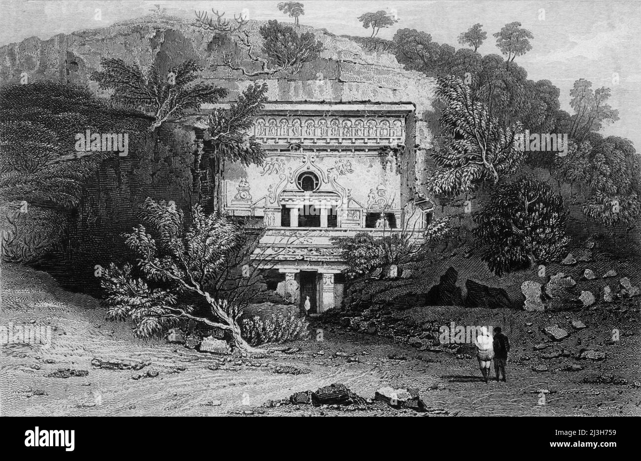 'Vista frontale del Kurm Bisma, Grotte di Ellora', 1834. Grotte di tempio indù tagliate nella roccia a Maharashtra, India. Da "viste in India, Cina e sulle coste del Mar Rosso, Vol. I". [Fisher, Son &amp; Co., London, 1835] Foto Stock