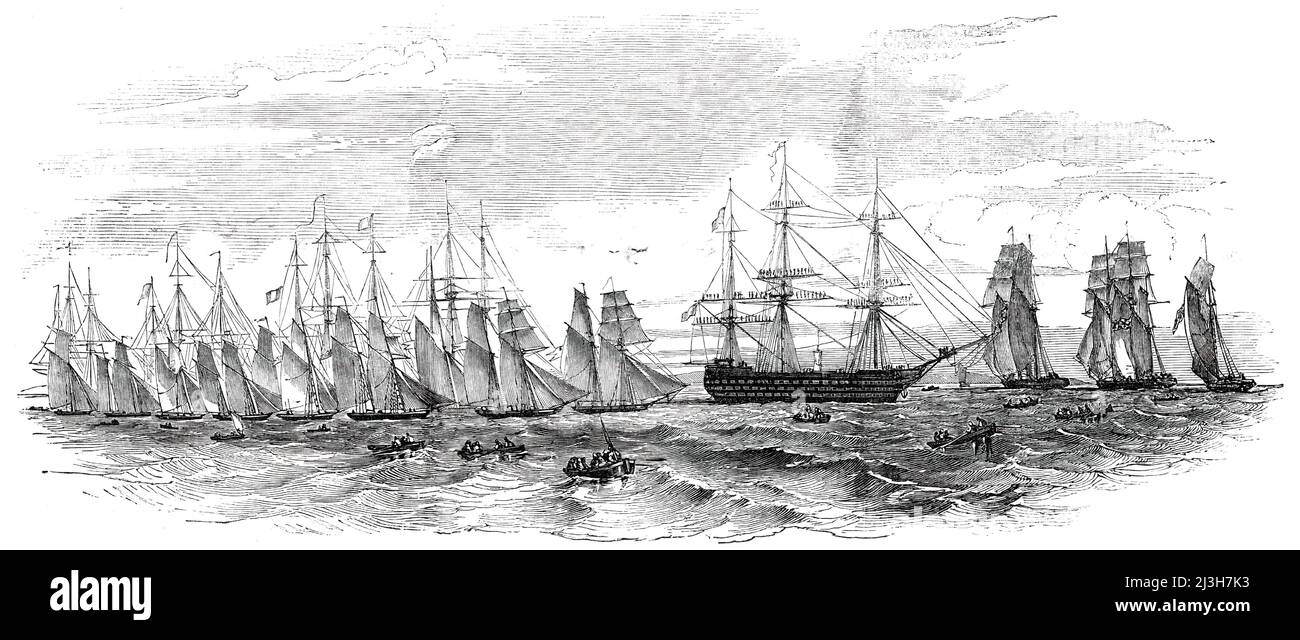 Il Royal Yacht Squadron Saluting il francese Squadron - abbozzato dall'on. Dudley Pelham, 1850. Navi da guerra francesi e britanniche ad una revisione navale al largo della costa di Cherbourg. 'Gli yacht cominciarono ora a pesare, le barche cominciarono a veleggiare, i piroscafi, con i carichi affollati di tutte le classi, e apparentemente di tutti i paesi, si estesero dal porto, attorno alla flotta e attraverso gli yacht, e moltitudini montate sui moli, banchine, tetti e coste. In primo luogo, c'era una regata iniziata alle nove del mattino. La prima corsa è stata aperta a tutti i concerti, e a molti dei concerti appartenenti alla lingua inglese Foto Stock