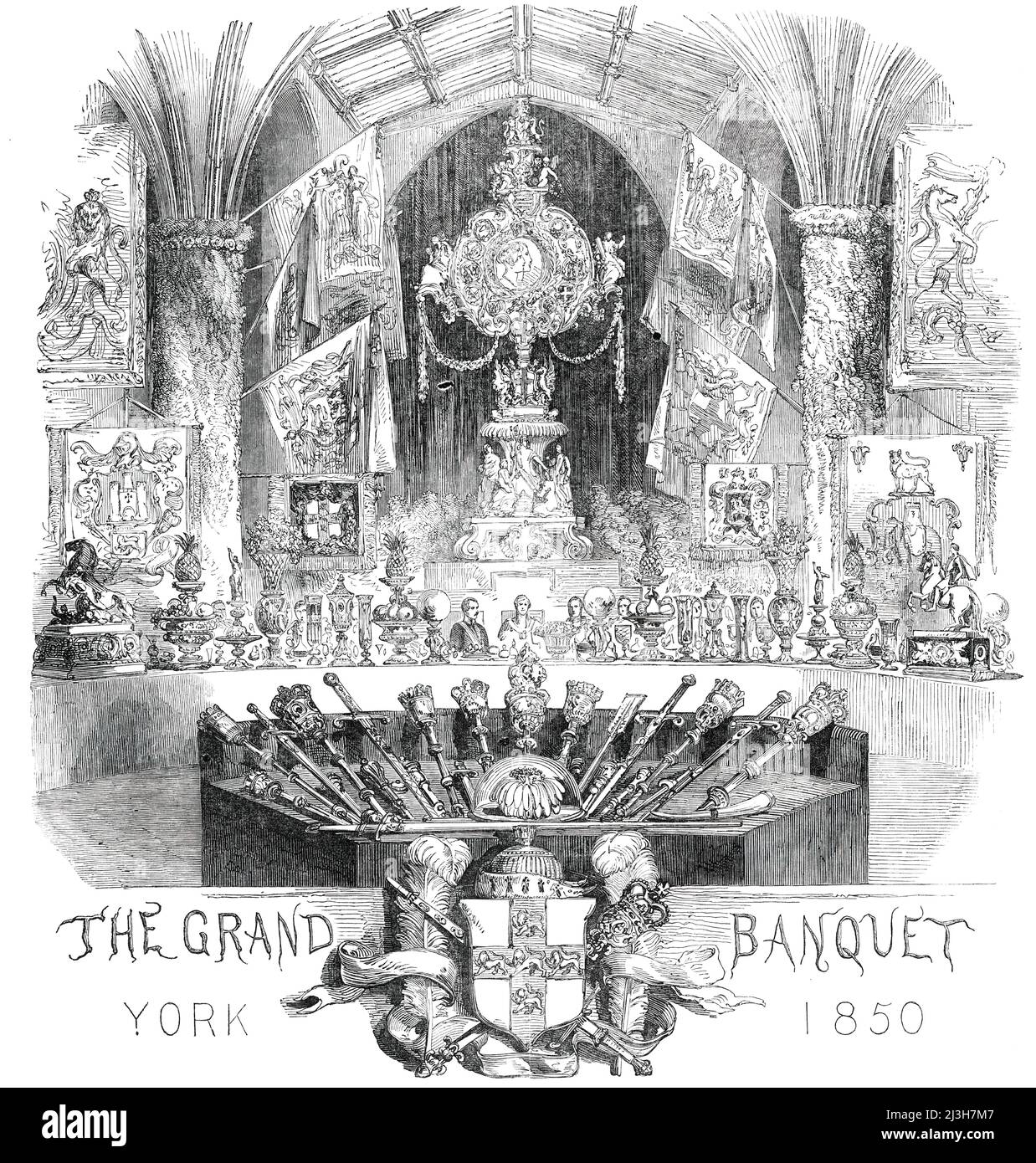 La tavola reale, e Insignia mayoralty, 1850. Banchetto tenuto a York per celebrare la prossima Grande Mostra. Il pezzo centrale era '...un magnifico disegno ornamentale di M. Soyer's, eretto di fronte alla finestra, e subito dietro la grande tavola circolare. Consisteva in un grande vaso emblematico, alto 20 piedi, dipinto e modellato da Alfred Adams. Intorno alla base è Britannia che riceve esemplari di industria da Europa, Asia, Africa e America. Dal centro scaturisce una palma, circondata dalle braccia della città di Londra e York... annesse erano graziose corone di fiori, io Foto Stock