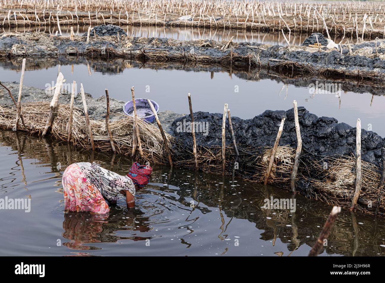 Uganda, distretto Kasese, Katwe, lago del cratere Katwe, donna che rimuove il fango dal suo appezzamento di sale Foto Stock