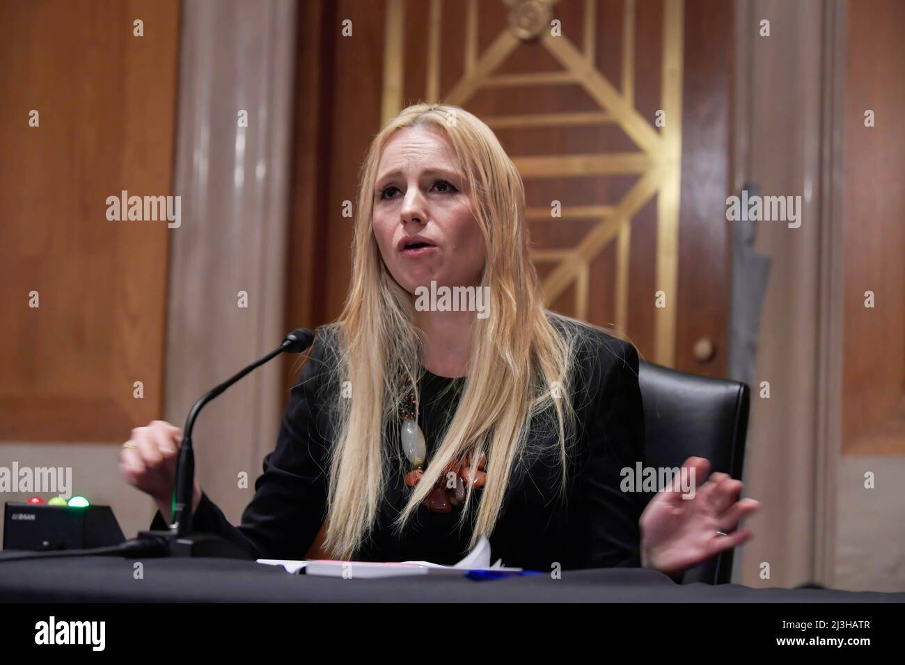 Washington, Stati Uniti. 07th Apr 2022. L'Ufficio per la lotta al traffico di esseri umani dell'OSCE, del consigliere dell'istituzione democratica e della destra umana, Tatiana Kottlyarenko, testimonia dinanzi alla Commissione per la sicurezza e la cooperazione in Europa la protezione dei rifugiati ucraini dalla tratta di esseri umani durante un'audizione al Senato di Dirksen/Capitol Hill a Washington. Credit: SOPA Images Limited/Alamy Live News Foto Stock