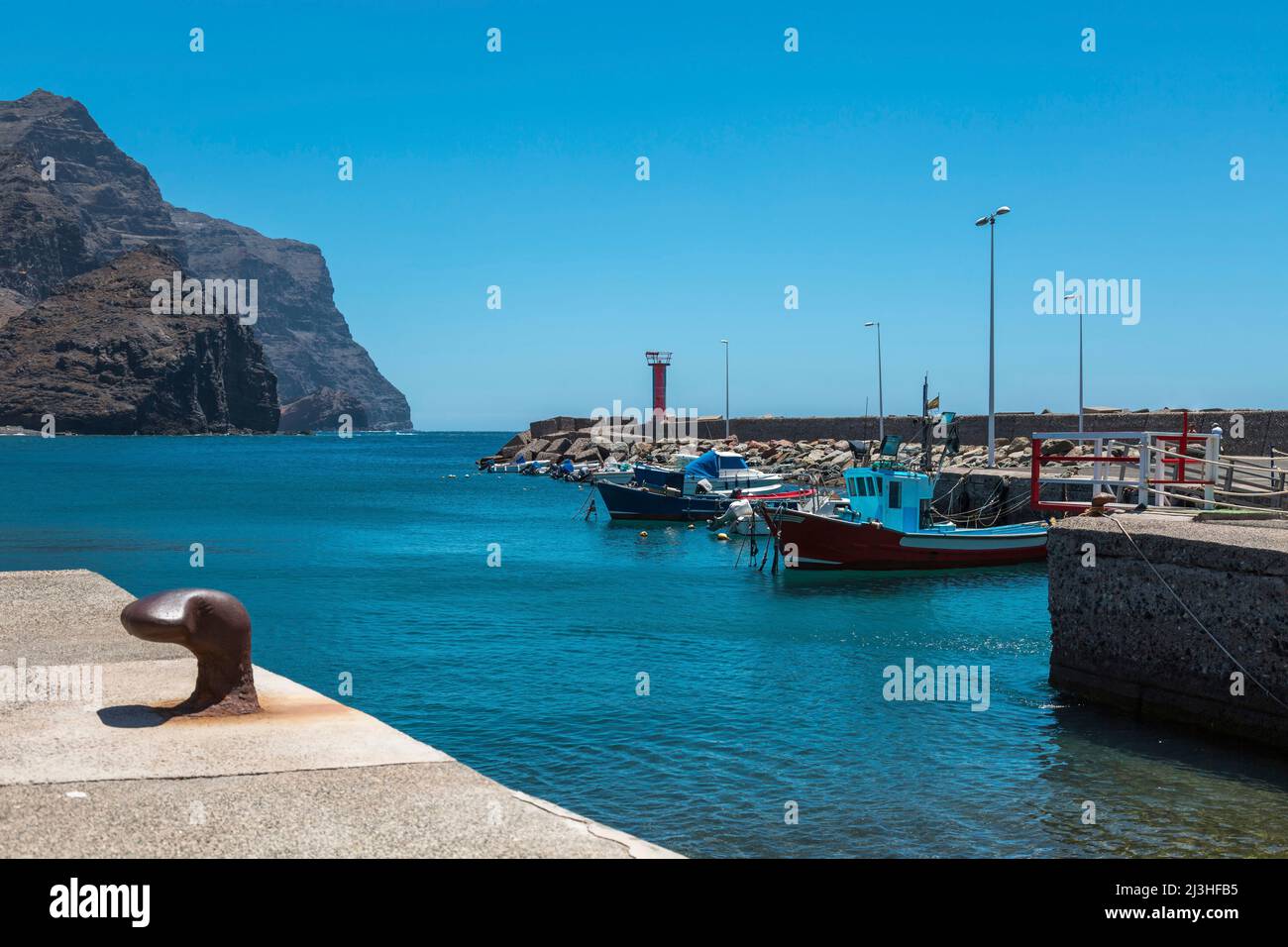 Barche da pesca nel porto di Puerto de la Aldea sull'isola di Gran Canaria Foto Stock