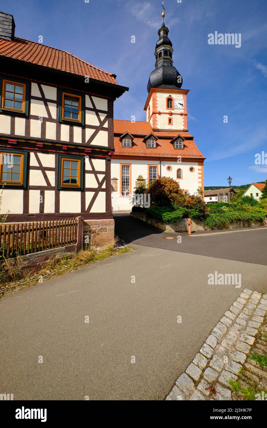 La Chiesa protestante di Helmershausen - la Cattedrale del Rhön, la Riserva della Biosfera di Rhön, la Parrocchia di Rhönblick, la Contea di Schmalkalden-Meinigen, la Turingia, Germania Foto Stock