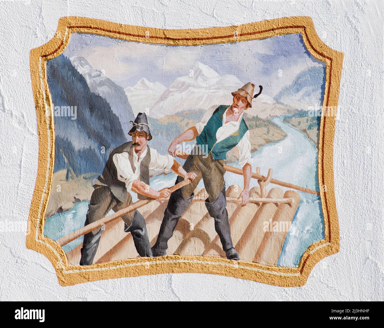 Lüftlmalerei (pittura tradizionale) a Mittenwald, alta Baviera, rafting e trift (da 'treiben' nel senso di 'galleggiare') significa trasporto di tronchi galleggianti. Foto Stock