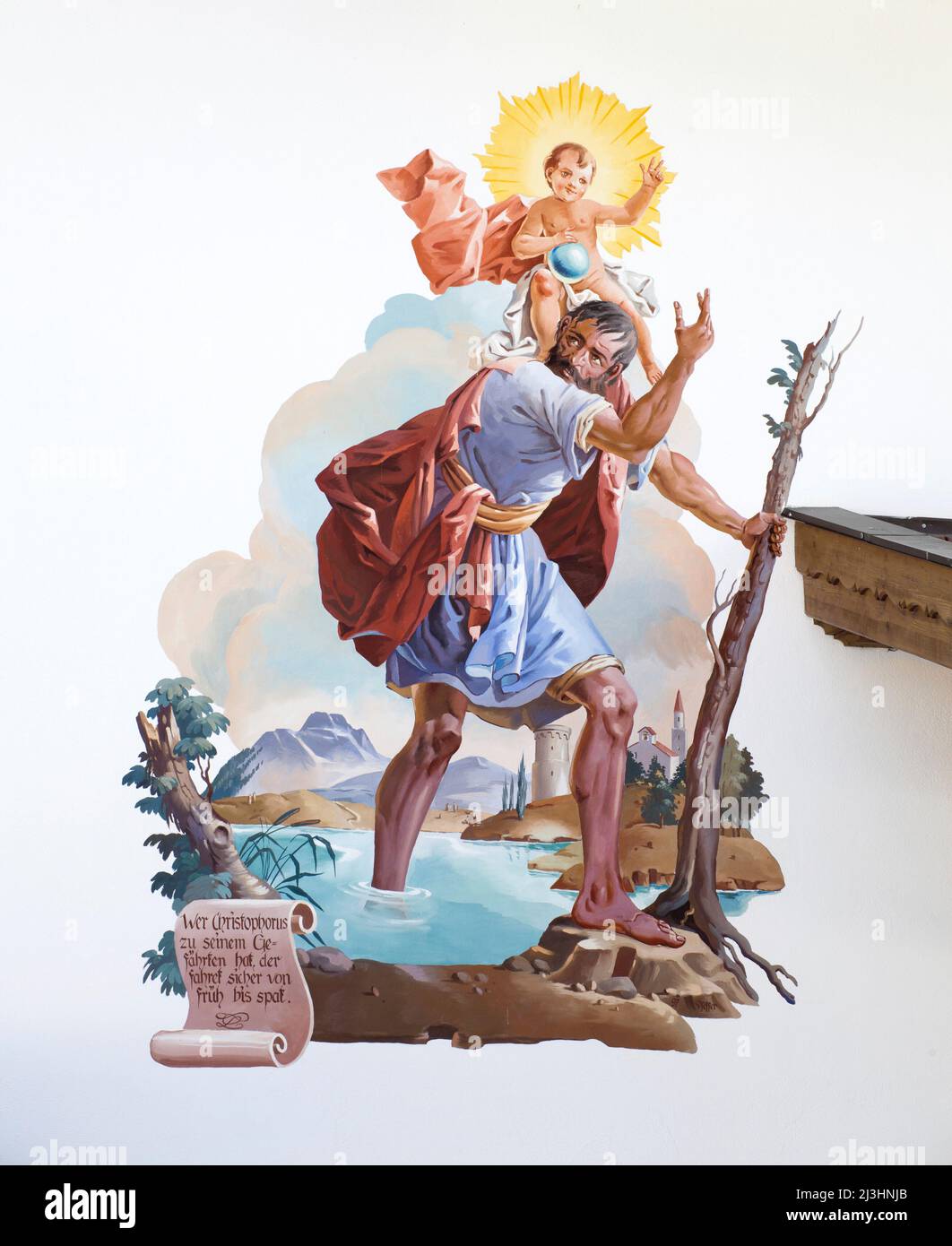 Arte popolare alpina, Lüftlmalerei a Mittenwald, San Cristoforo con il bambino Gesù sulla spalla Foto Stock