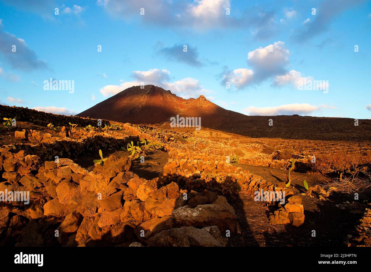 Isole Canarie, Lanzarote, isola vulcanica, paesaggio vulcanico a nord nella luce del mattino, pareti di roccia lavica, colline vulcaniche al mattino, azzurro cielo e chiaro con nuvole grigie e bianche Foto Stock