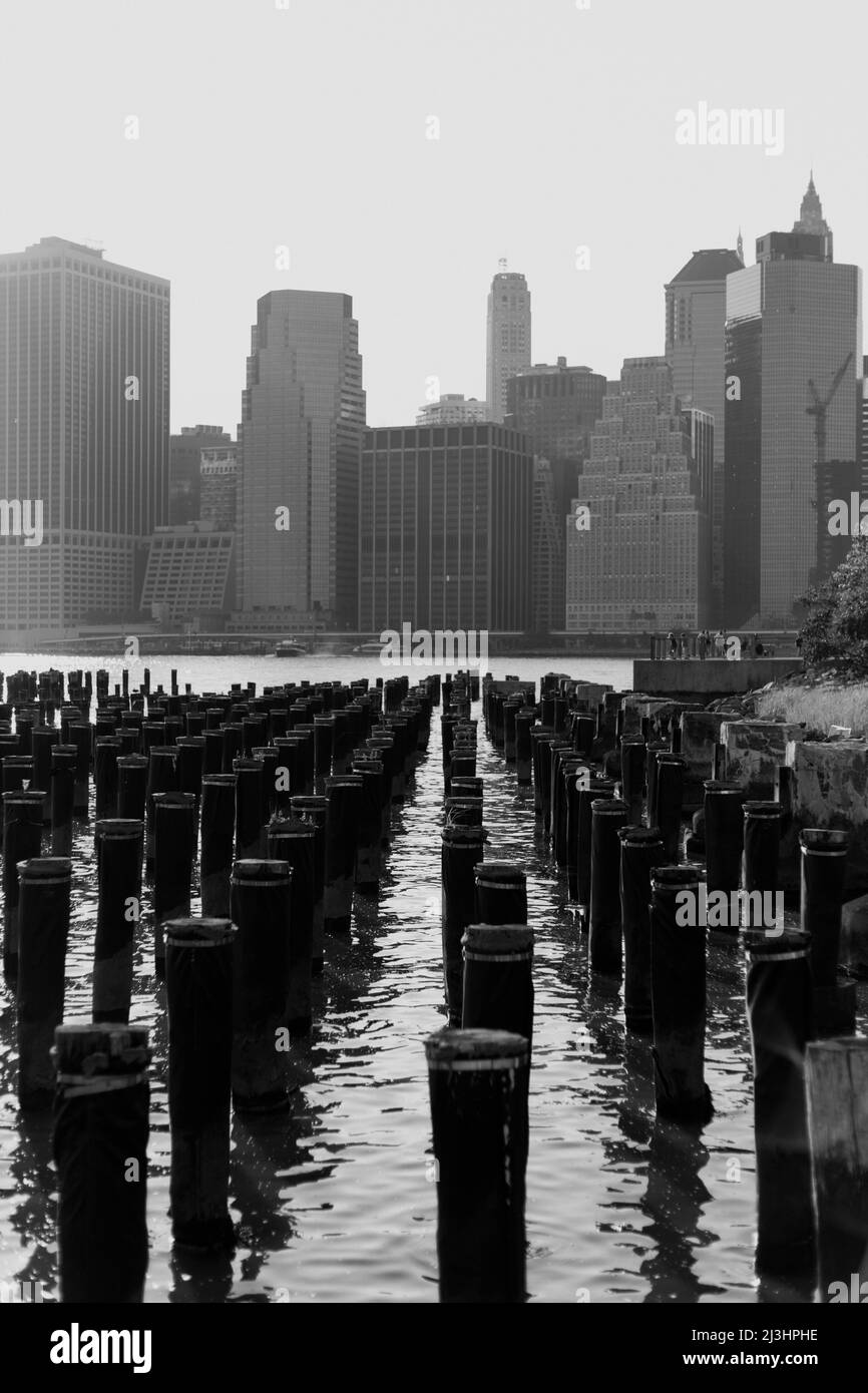 Brooklyn Heights, New York City, NY, USA, colonne di legno nel fiume Est visto dal vecchio Pier 1 al Brooklyn Bridge Park. Lo skyline di Lower Manhattan sullo sfondo Foto Stock