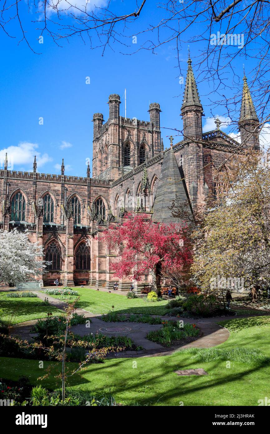 Cattedrale di Chester in fiore, cielo blu e alberi in fiore Foto Stock