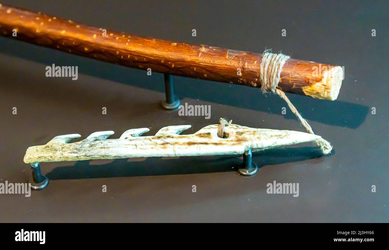 Arpione di pesce dall'epoca del Paleolitico superiore. Pesce arpione. . Museo Archeologico Nazionale, Madrid. Spagna Foto Stock