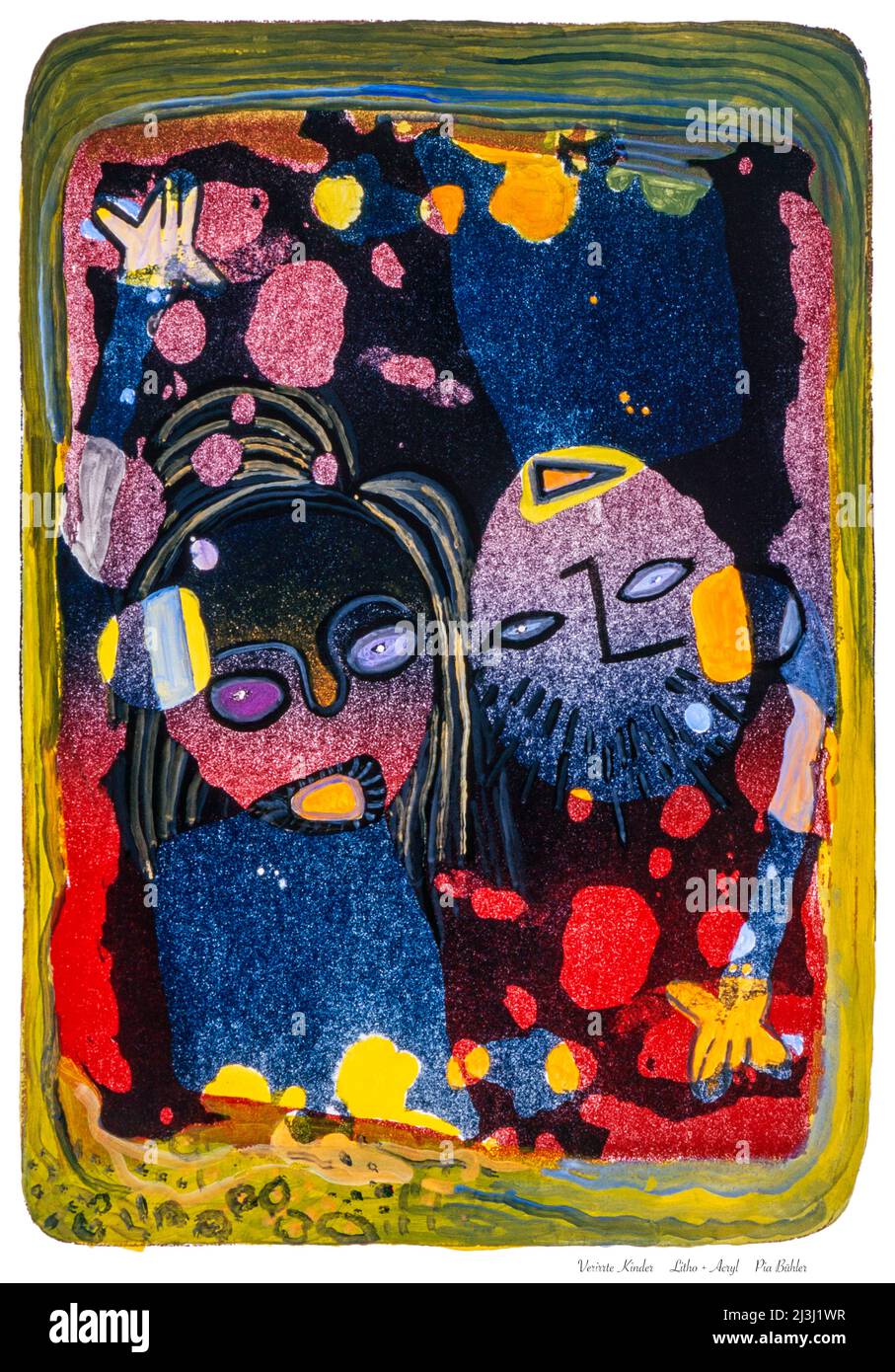 Pittura di Pia Bühler, litografia, acrilico i bambini perduti hanno perso la strada giusta e ora sono sulla strada sbagliata. Non solo il senso reale, ma anche la bussola interna può condurre nella direzione sbagliata, nell'ottenere perso. Il mondo è rovesciato, ma i pensieri, le teste sono ancora insieme, non essere soli dà forza e speranza. Foto Stock