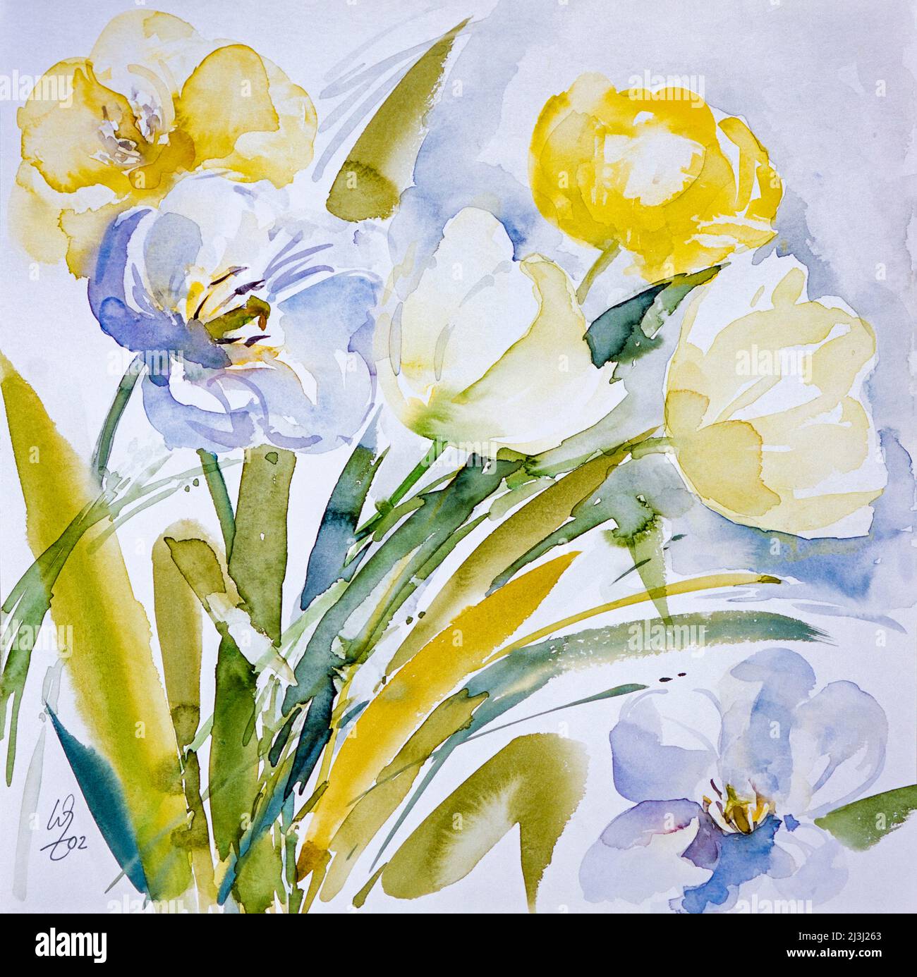 Pittura acquerello di Waltraud Zizelmann, bouquet di tulipani, tulipani bianchi, gialli e blu Foto Stock