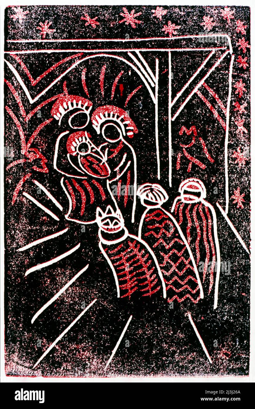 Stampa di Gisela Oberst i tre saggi di fronte alla Sacra Famiglia nella stalla di Betlemme, Maria e Giuseppe con il bambino Gesù, bianco, nero, rosso Foto Stock