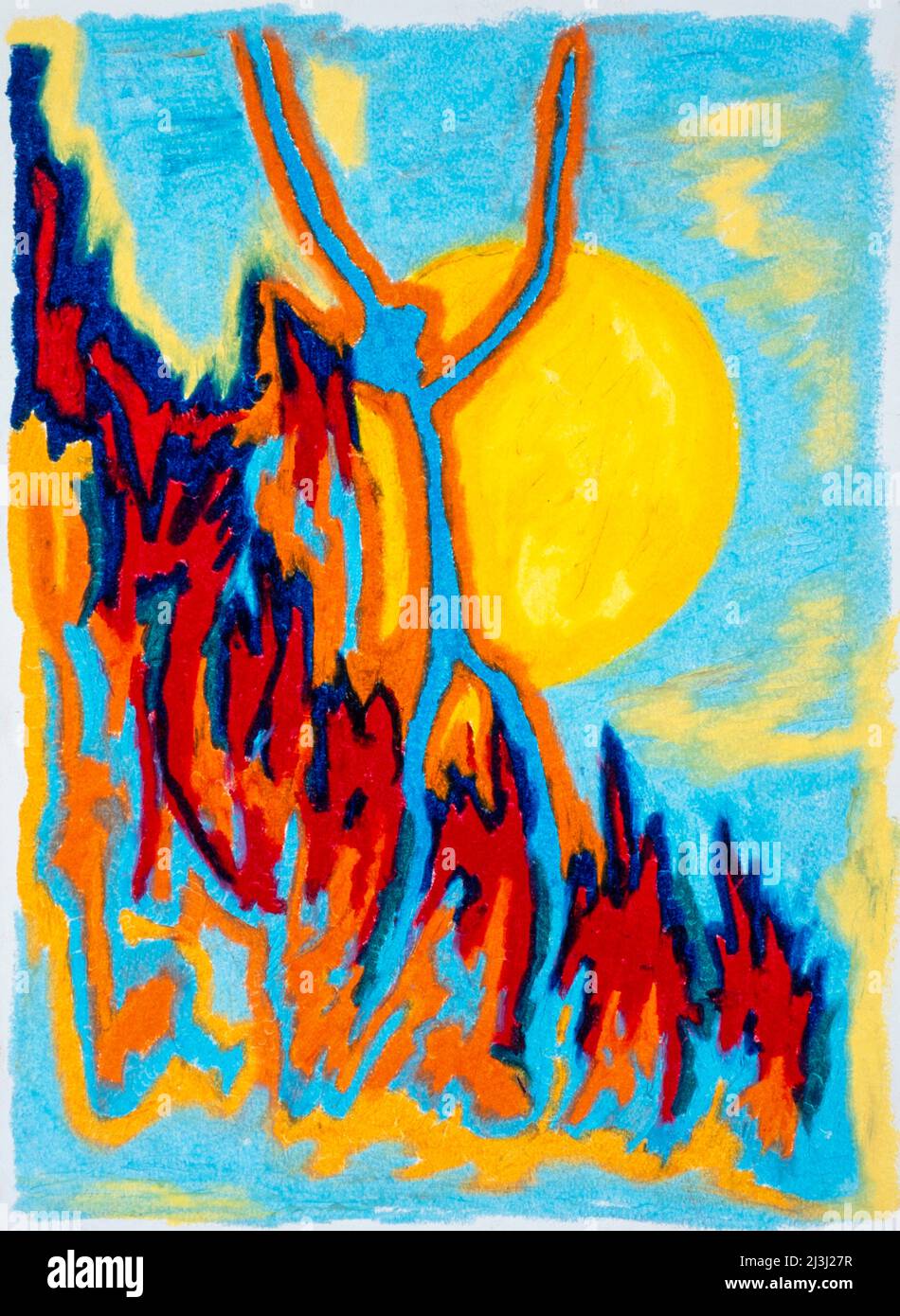 Pittura di Peter Schütte, salvami, figura con le braccia tese verso l'alto in cerca di aiuto, circondata dal fuoco, in grande angoscia, la luce, la via d'uscita davanti agli occhi, ma non può liberarsi, colori brillanti Foto Stock