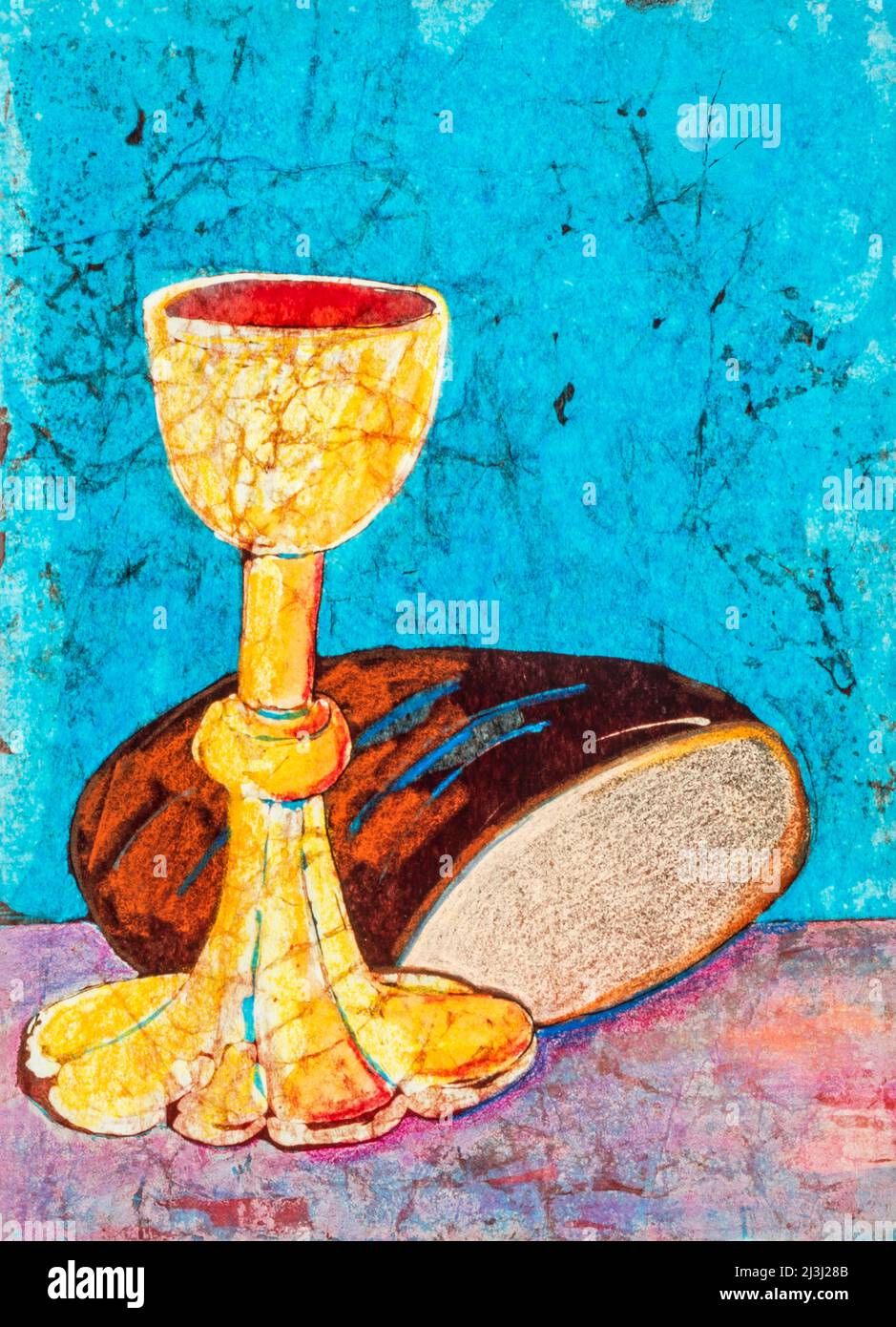Acquerello Batika su carta giapponese di Regine Martin vino e pane, immagine simbolica per la cena del Signore, celebrazione eucaristica, sacramento santo, Foto Stock
