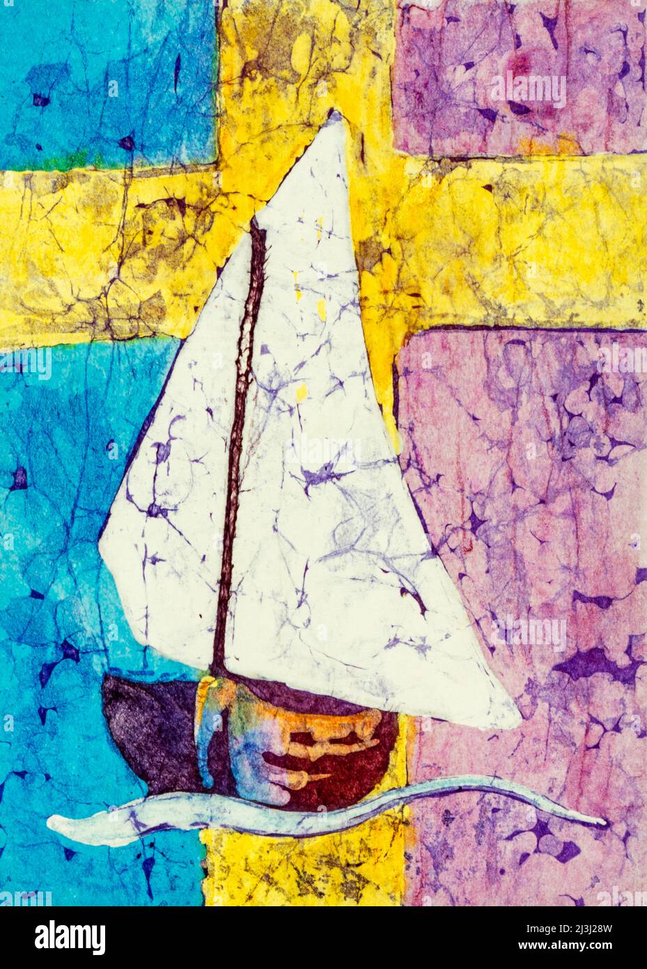 Batika acquerello su carta giapponese di Regine Martin vela nave, croce giallo brillante, immagine simbolica per la canzone: Una nave che si chiama una chiesa naviga attraverso il mare del tempo la destinazione che la mostra la direzione è chiamata eternità di Dio Foto Stock