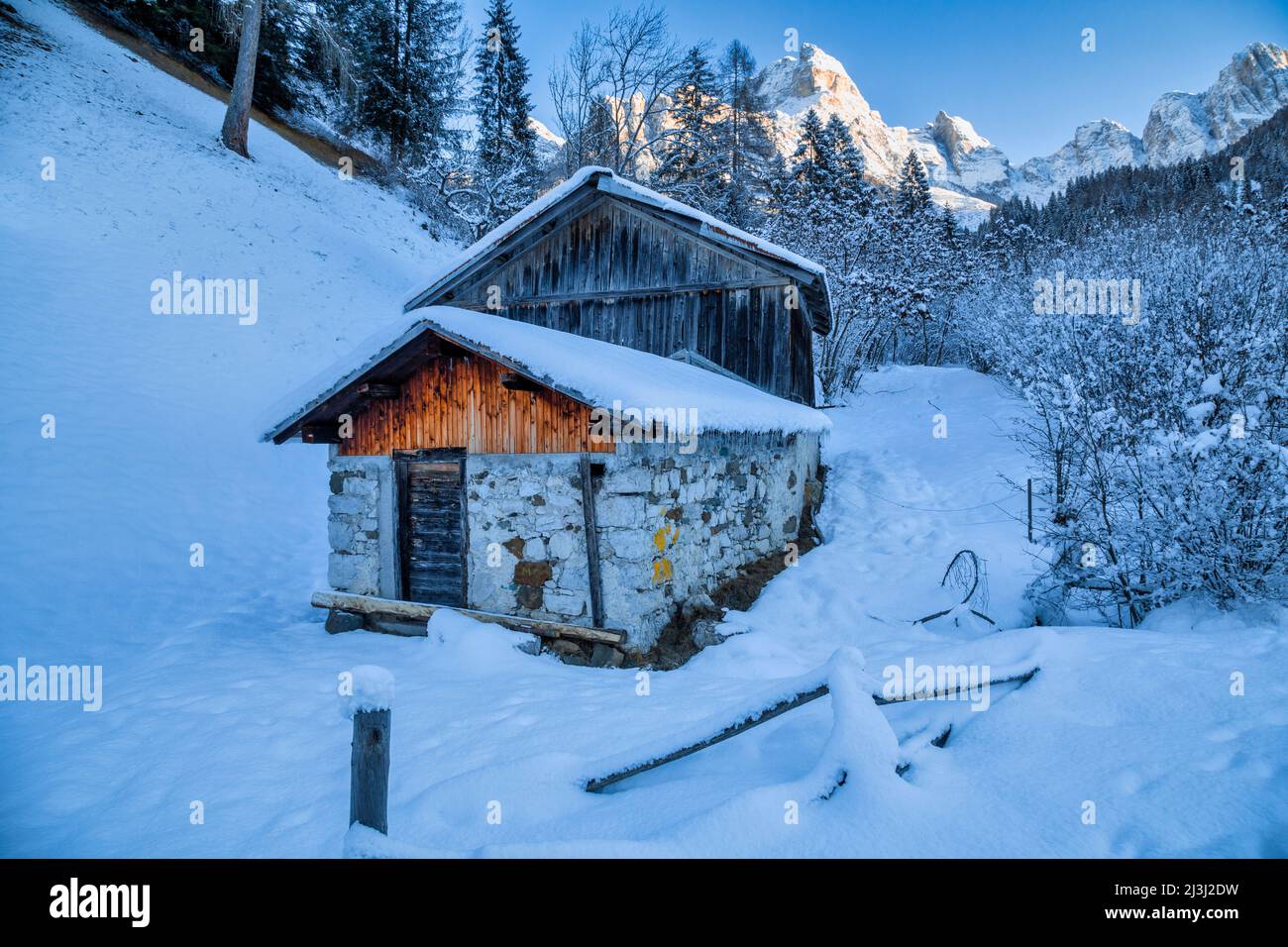 Europa, Italia, Provincia di Belluno, la Valle Agordina, antichi edifici rurali in inverno, paesaggio innevato, sullo sfondo la catena del San Sebastiano Foto Stock