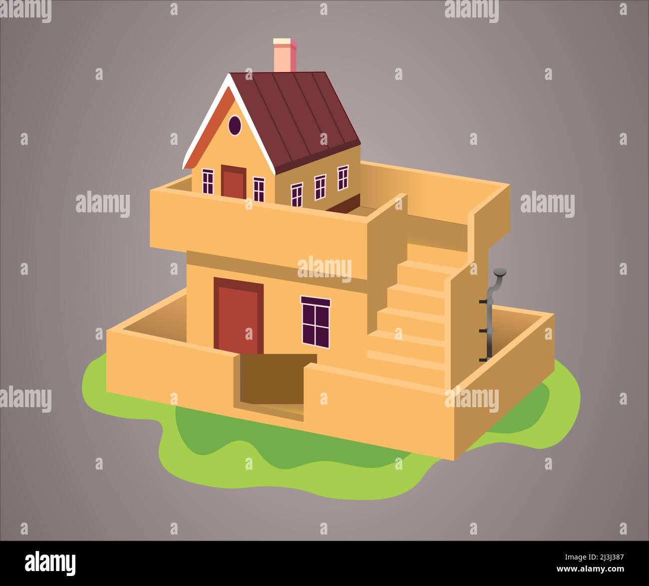 Illustrazione vettoriale di una casa cartoon isolato su uno sfondo gradiente, bella casa. Illustrazione Vettoriale