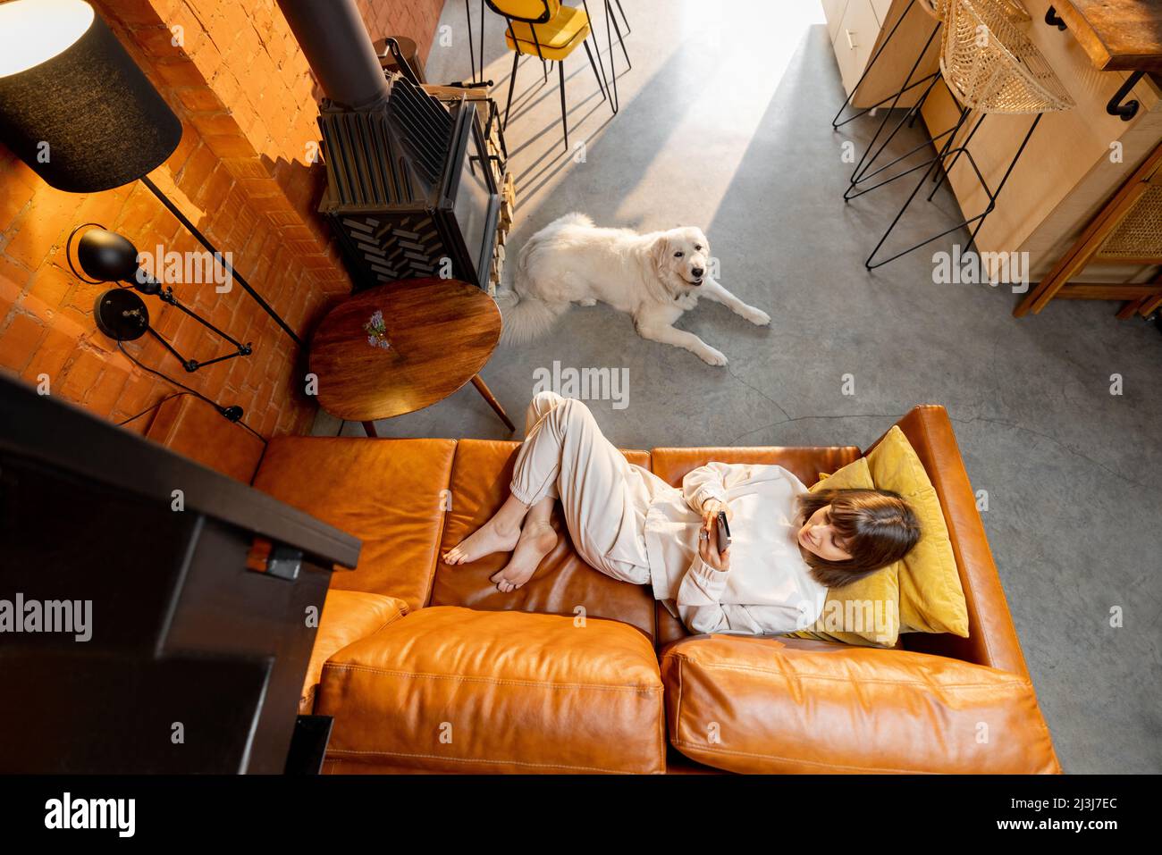 Donna distesa sul divano e utilizzando il telefono con il cane a casa Foto Stock