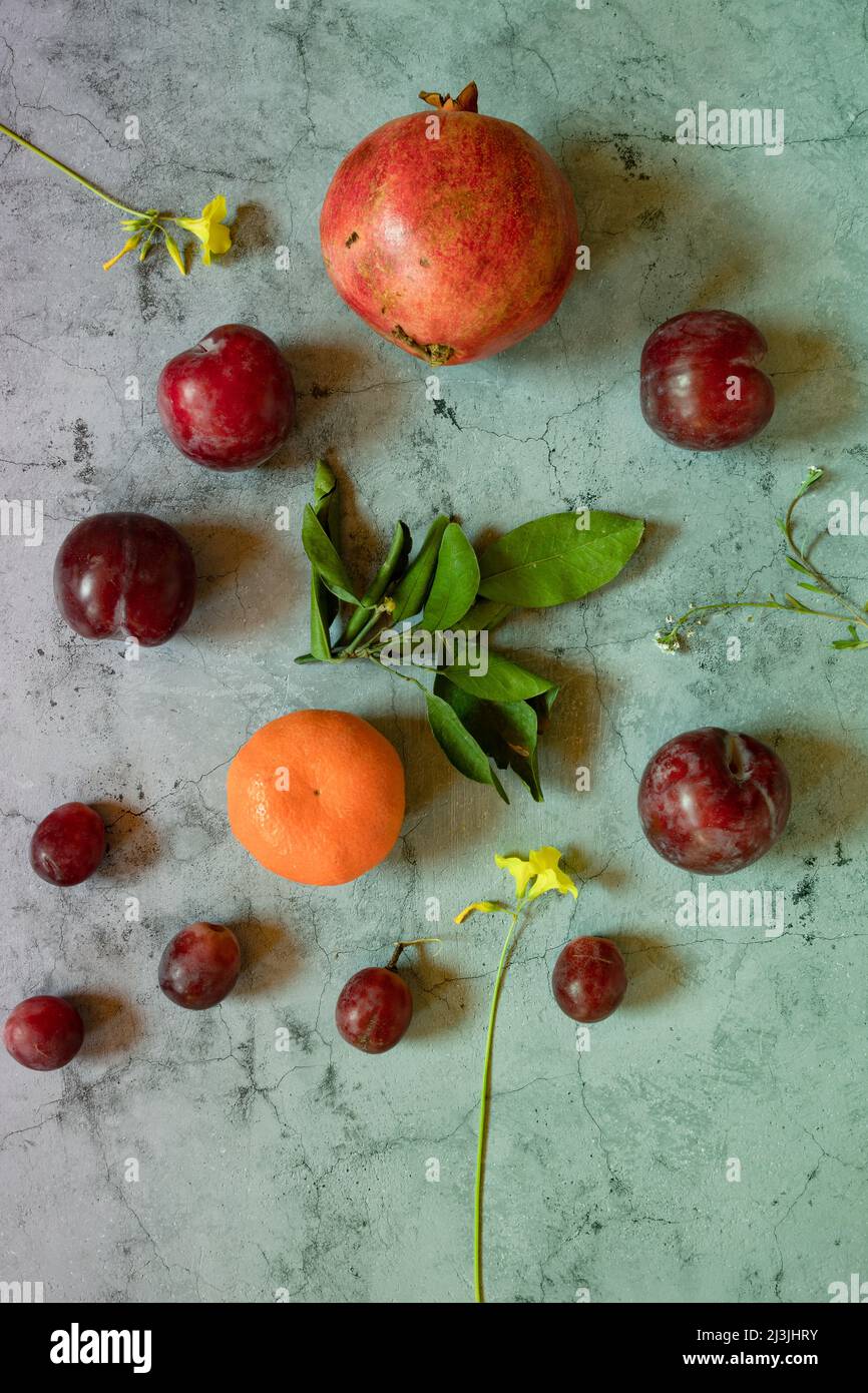 Composizione di limoni, arance e fiori di Still Life su sfondo di pietra scura Foto Stock