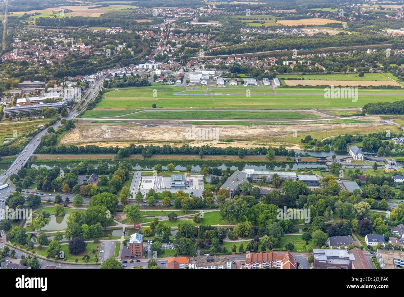 Vista aerea, cantiere progetto area esperienza Lippeaue al fiume Lippe e Datteln-Hamm canale e corso della diga di alluvione tra Münster Foto Stock