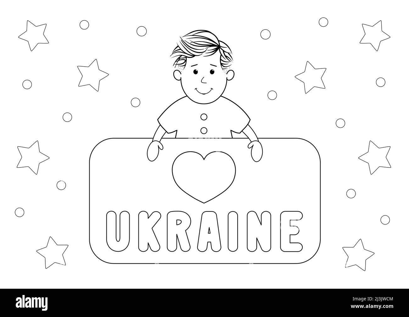 Ragazzo carino che mostra supporto per l'ucraina, pagina da colorare per bambini e adulti. È possibile stamparlo su carta standard A4 Foto Stock