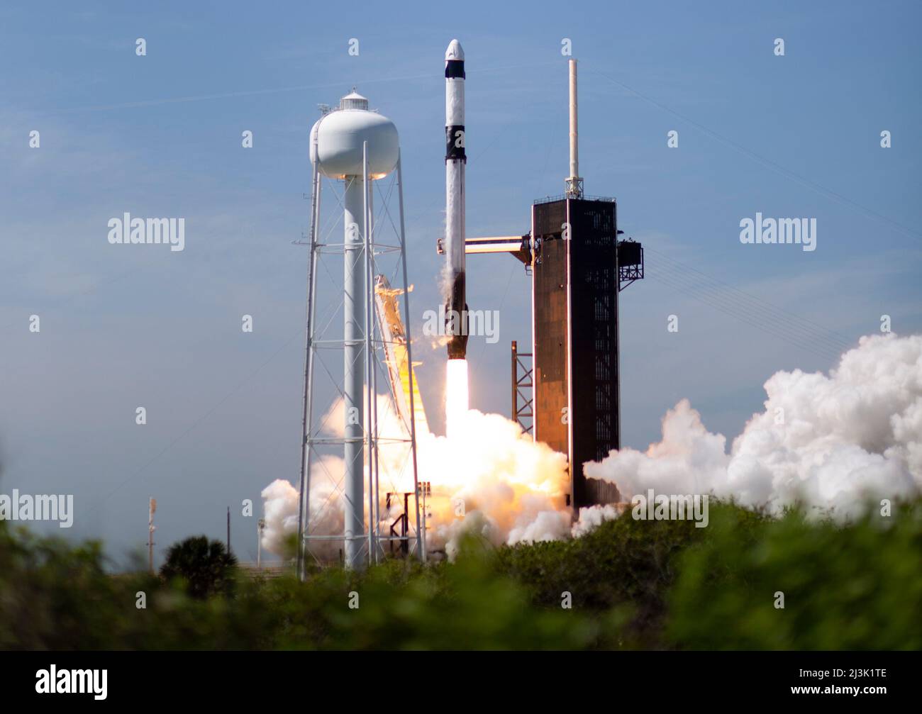 Florida, Stati Uniti. 08th Apr 2022. Un razzo SpaceX Falcon 9 che trasporta la navicella spaziale Crew Dragon dell'azienda è lanciato su Axiom Mission 1 (Ax-1) alla Stazione spaziale Internazionale con il comandante Michael López-Alegría di Spagna e degli Stati Uniti, il pilota Larry Connor degli Stati Uniti e gli specialisti della missione Eytan Stibbe di Israele, E Mark Pathy del Canada a bordo, venerdì 8 aprile 2022, al Centro spaziale NASAs Kennedy in Florida. La missione Ax-1 è la prima missione privata di astronauti alla Stazione spaziale Internazionale. López-Alegría, Connor, Pathy, Stibbe lanciato alle 11:17 dal Launch Compl Foto Stock