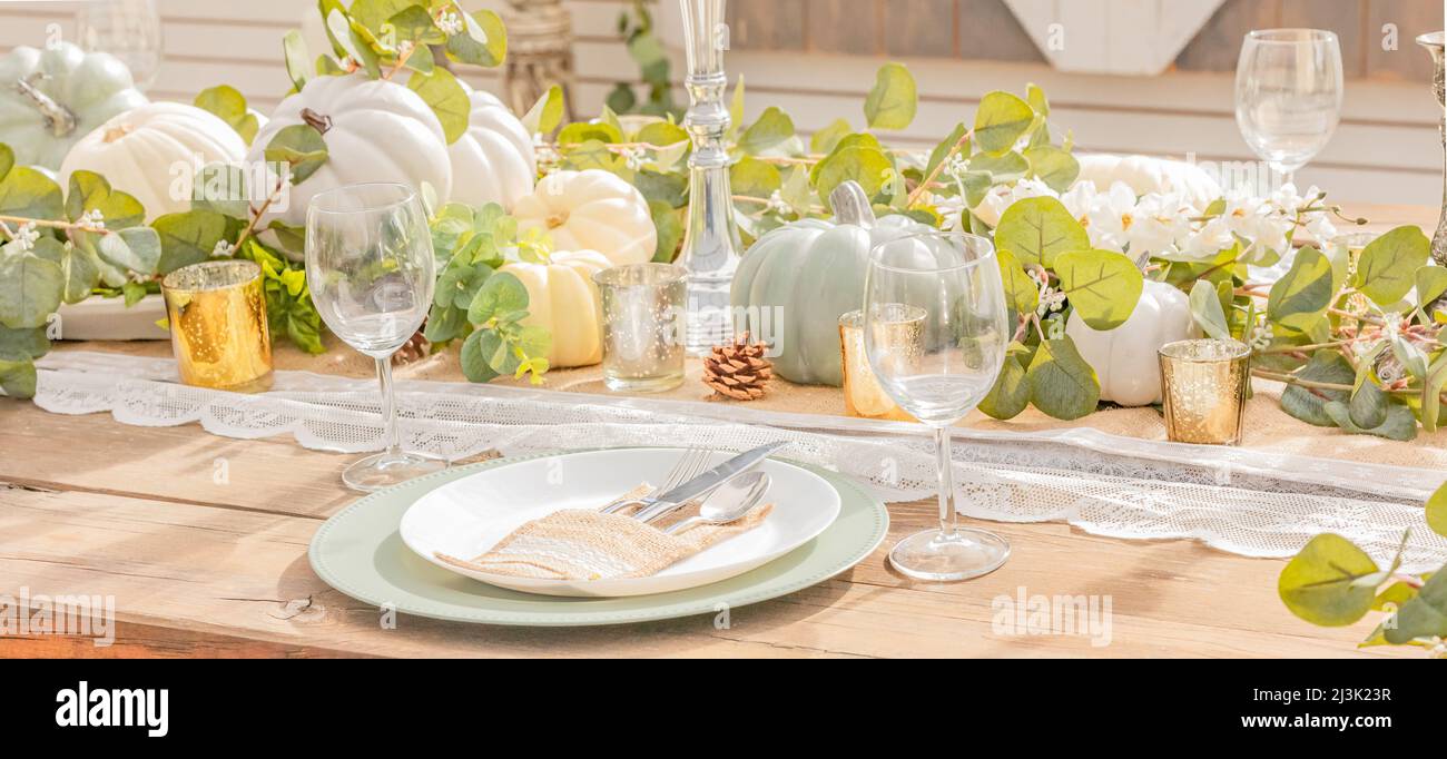Decorazione autunnale e del giorno del Ringraziamento con mini zucche bianche. Riservato Thanksgiving o Halloween luogo impostazione in un casale tavolo set con mini Foto Stock